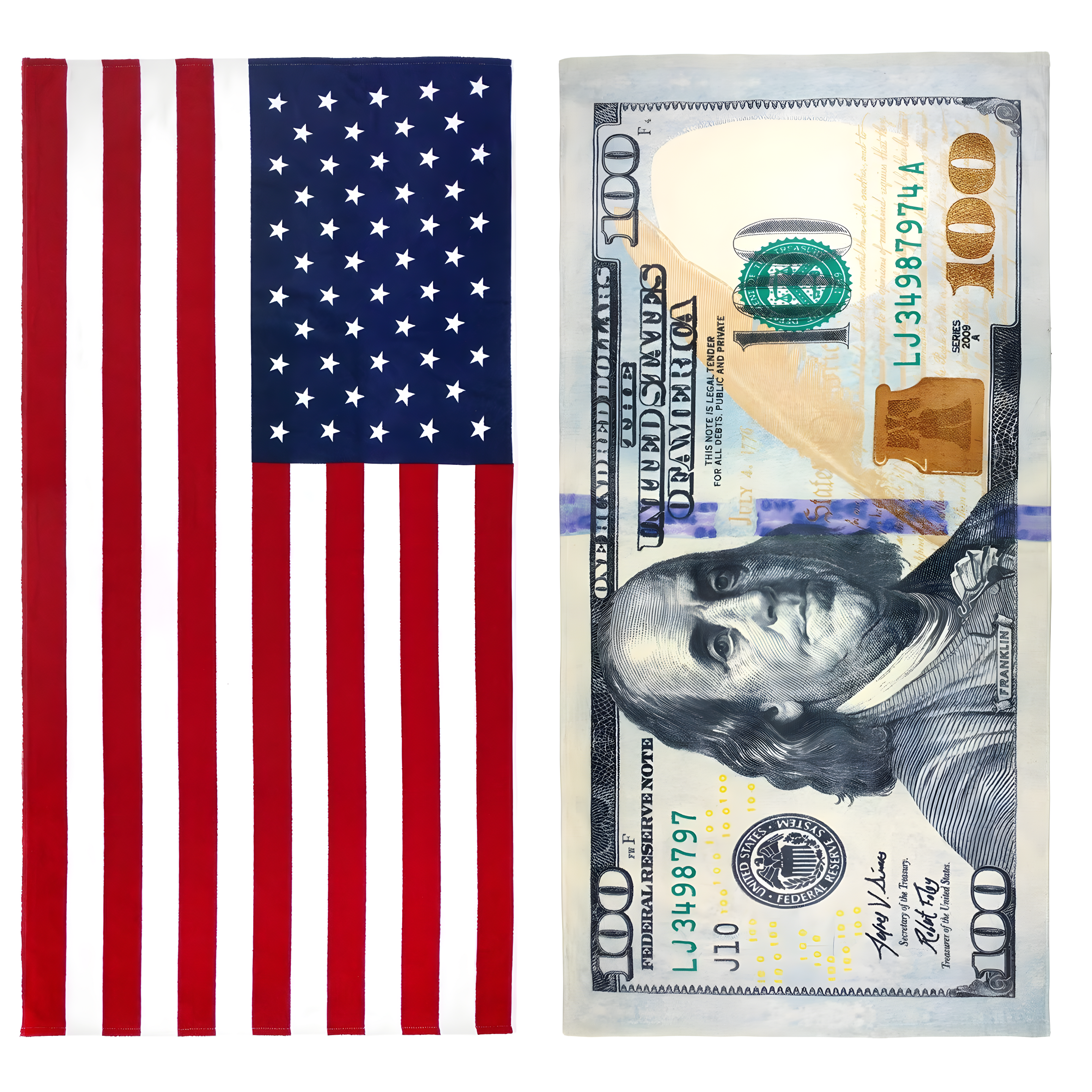 Kaufman - Printed Beach and Pool Towel Set, 100% Cotton, 30 inch x 60 inch (American Flag/100 Dollar Bill)