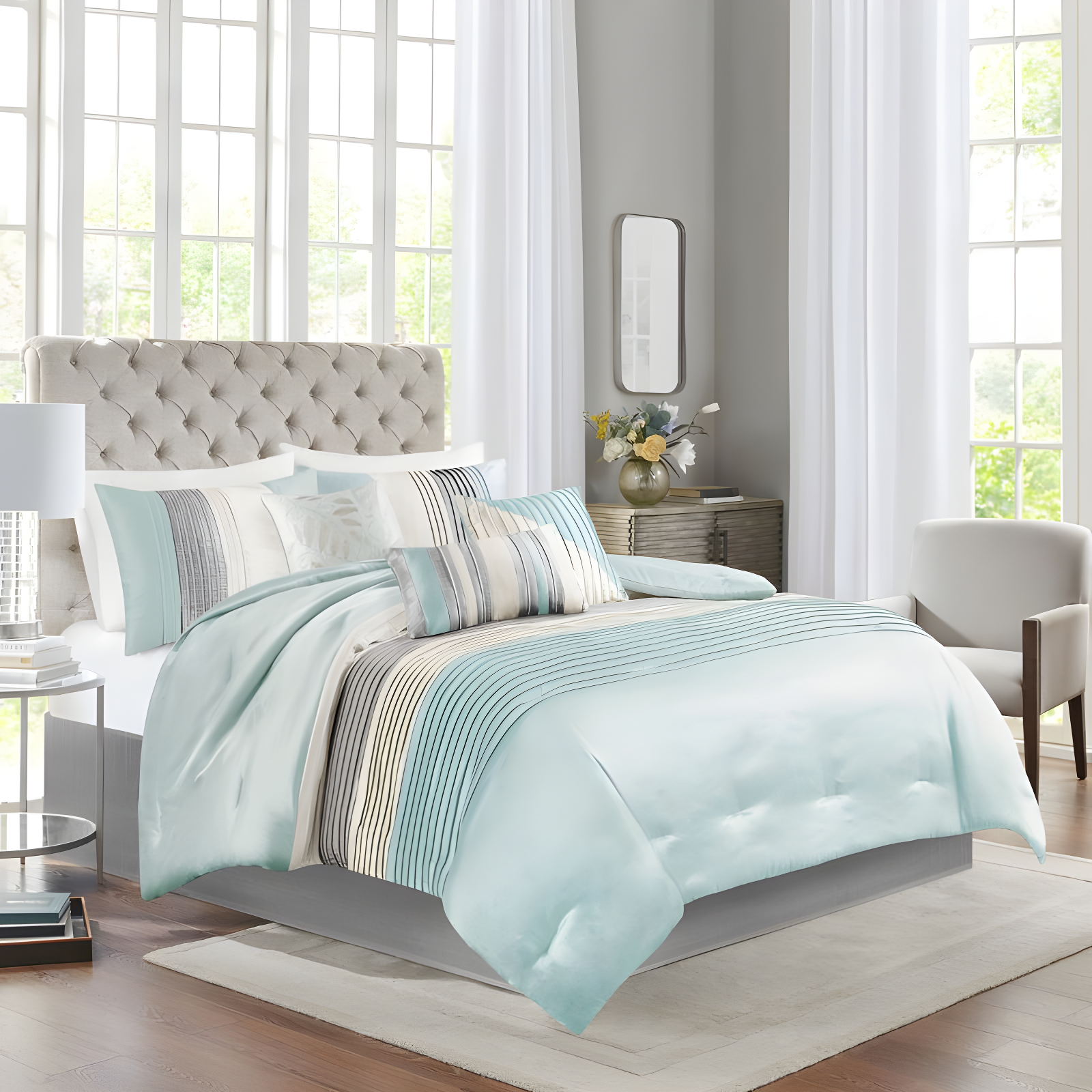 Madison Park Amherst 7 Piece Striped and Pleated Comforter Set