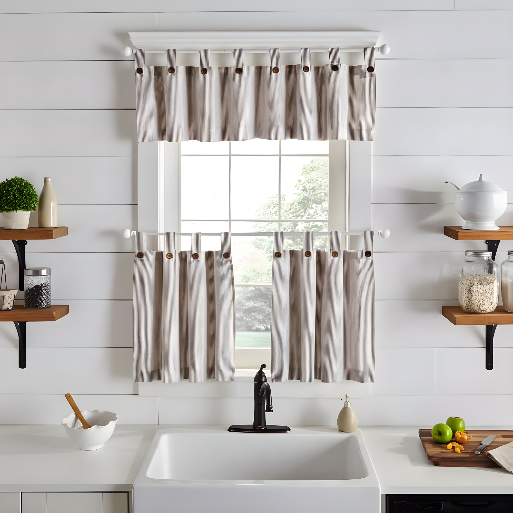 Tucker Ticking Stripe Button Tab Top Window Kitchen Valance - 60" x 15" - Linen - Elrene Home Fashions