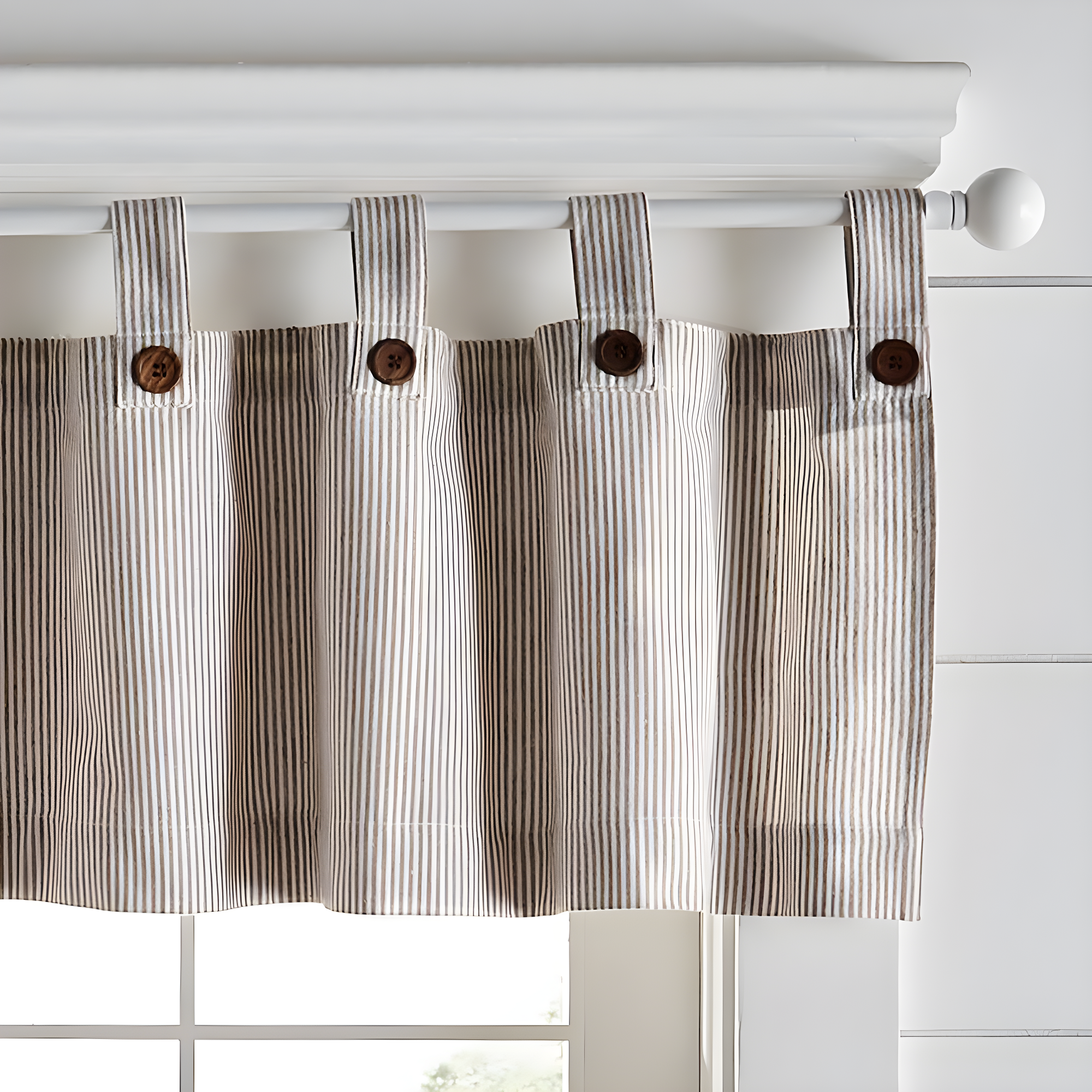 Tucker Ticking Stripe Button Tab Top Window Kitchen Valance - 60" x 15" - Linen - Elrene Home Fashions