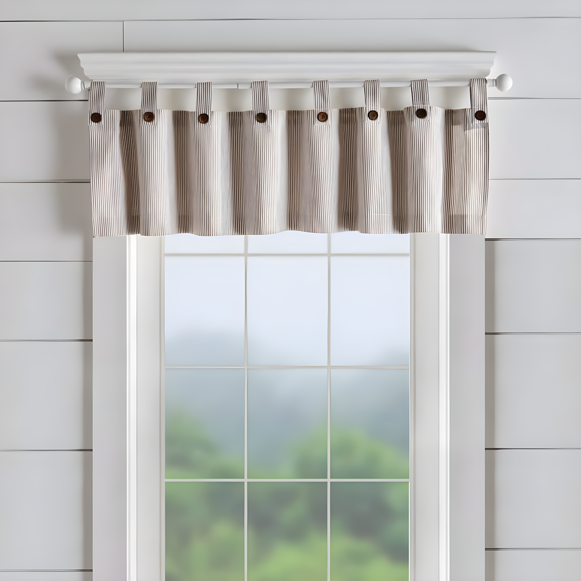 Tucker Ticking Stripe Button Tab Top Window Kitchen Valance - 60" x 15" - Linen - Elrene Home Fashions