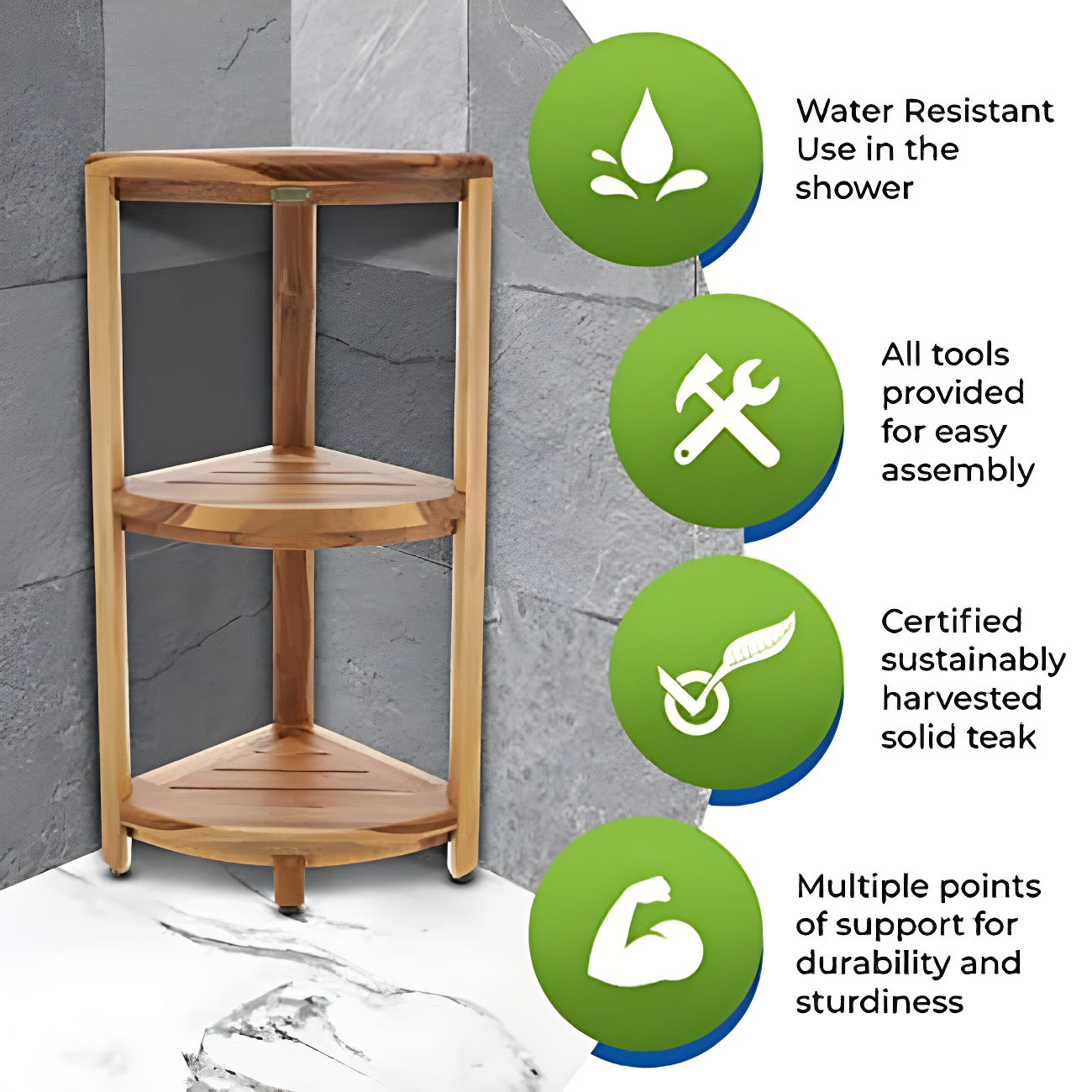 EcoDecors EcoDecors, Snazzy Corner, Teak Corner Shower Shelf, Shower Stand Corner, in EarthyTeak™