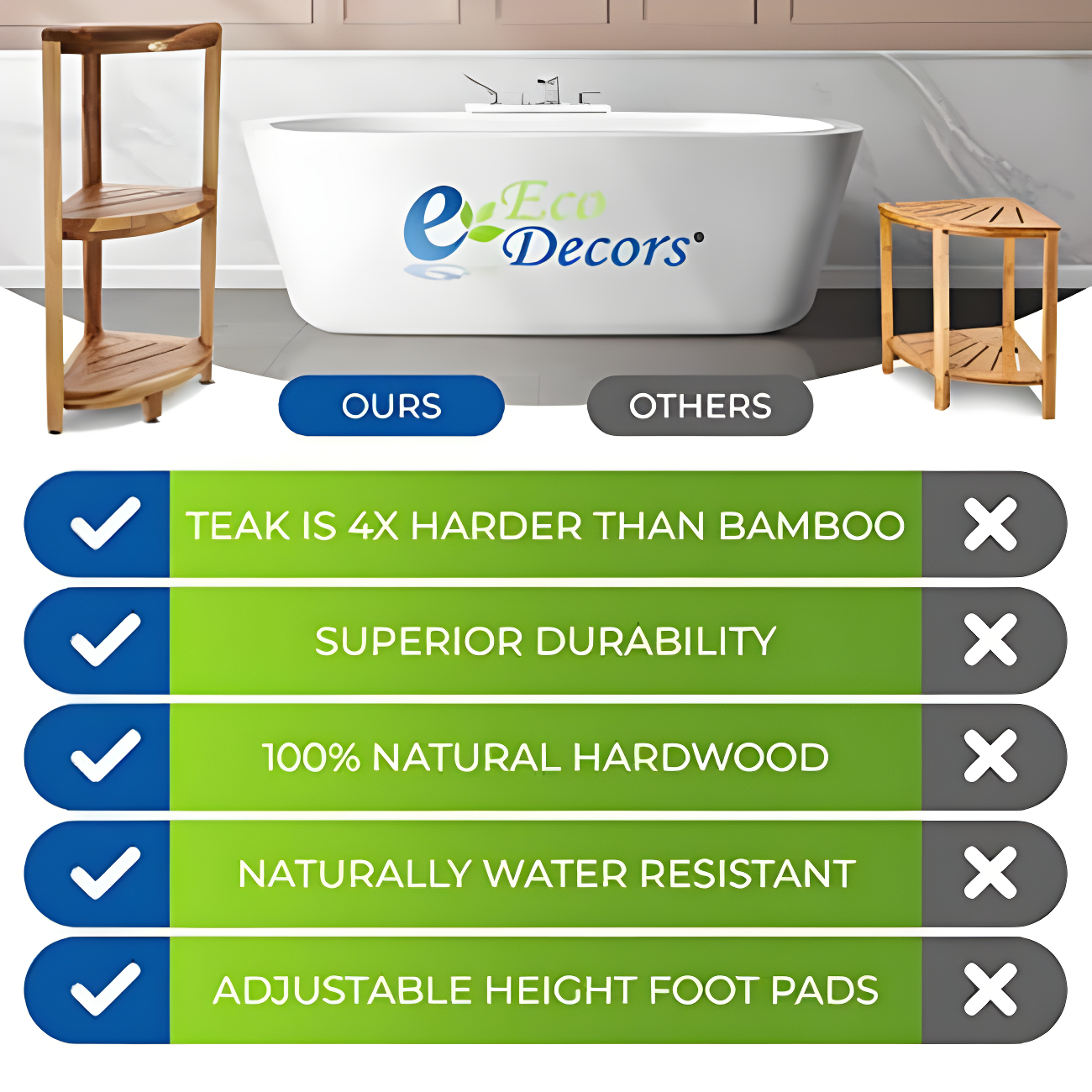 EcoDecors EcoDecors, Snazzy Corner, Teak Corner Shower Shelf, Shower Stand Corner, in EarthyTeak™