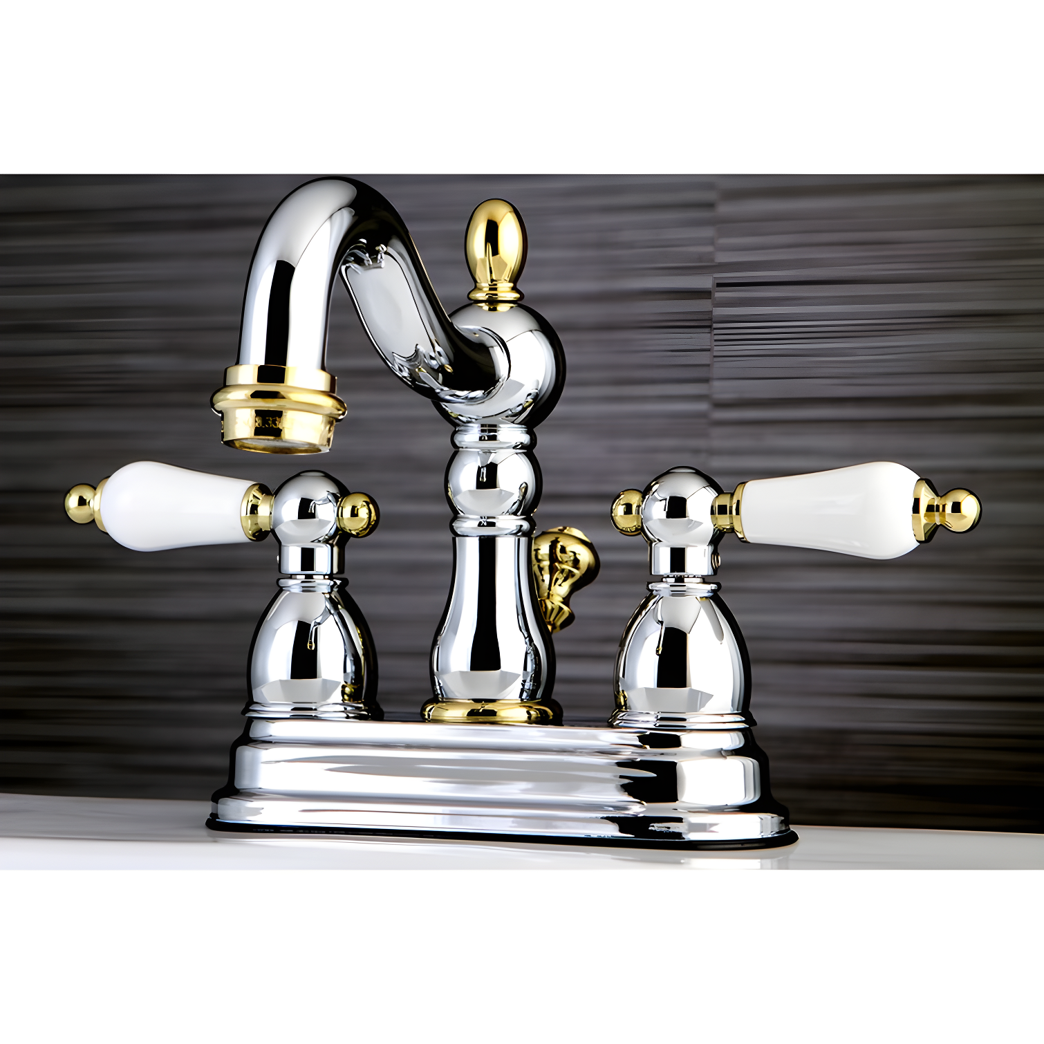 Kingston Brass Heritage Two-Handle 3-Hole Deck Mount 4" Centerset Bathroom Faucet with Plastic Pop-Up