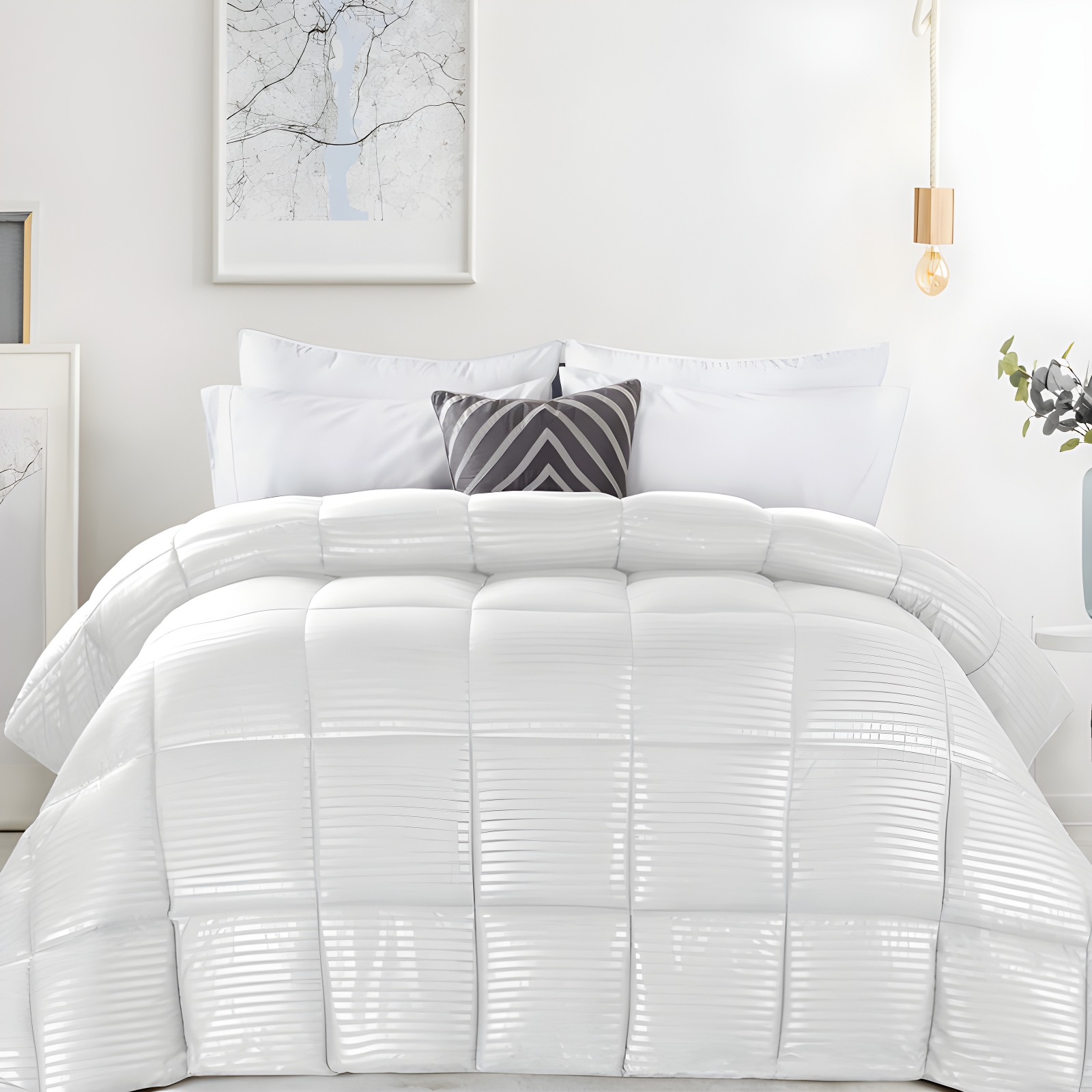 Striped Reversible Box-Quilt Brushed Microfiber Medium Weight Down Alternative Comforter