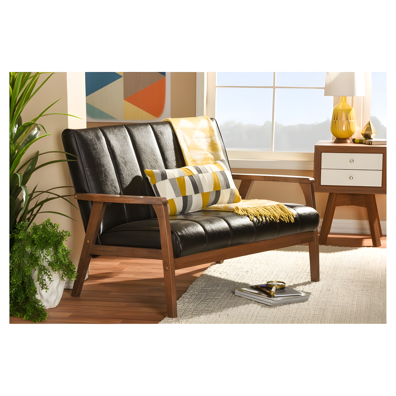 Nikko Mid-Century Modern Scandinavian Style Faux Leather Wooden 2 Seater Loveseat Dark Brown - Baxton Studio: Compact, Rubberwood Frame, Easy to Clean