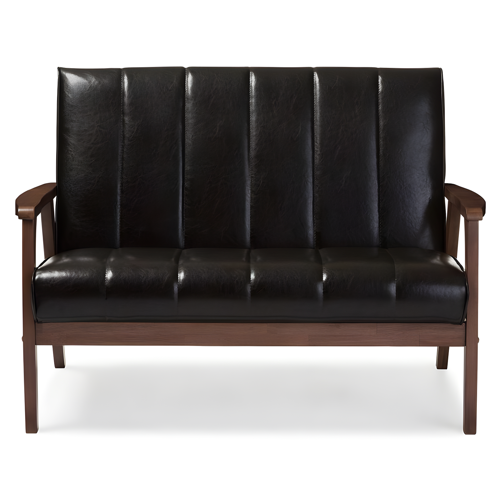 Nikko Mid-Century Modern Scandinavian Style Faux Leather Wooden 2 Seater Loveseat Dark Brown - Baxton Studio: Compact, Rubberwood Frame, Easy to Clean