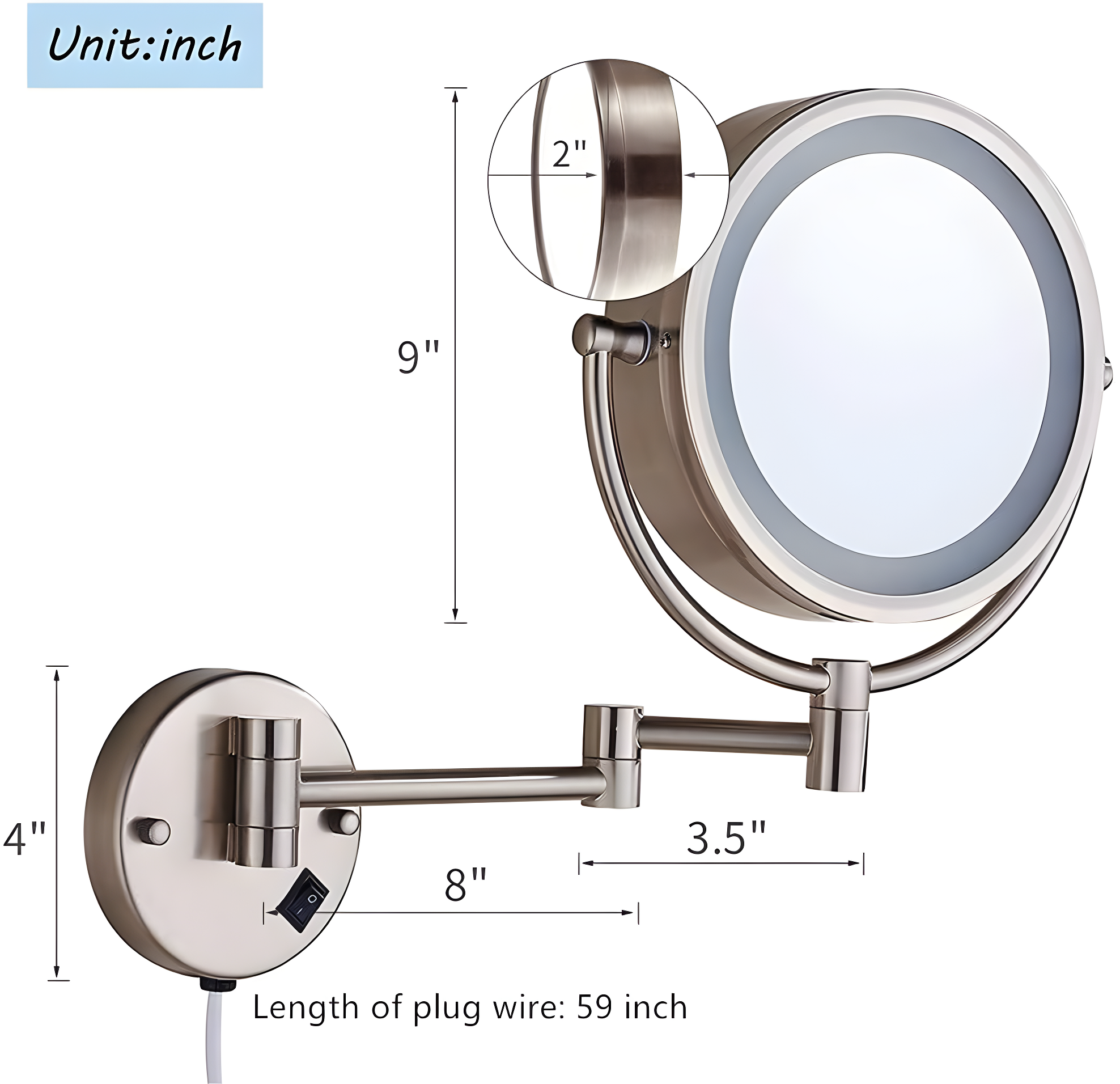 8.5 Inch Wall Makeup Mirror with 3 Tones LED Lights,Double Sided Vanity Mirror for Bathroom 10X Magnification,Plug Powered (Black/10X)