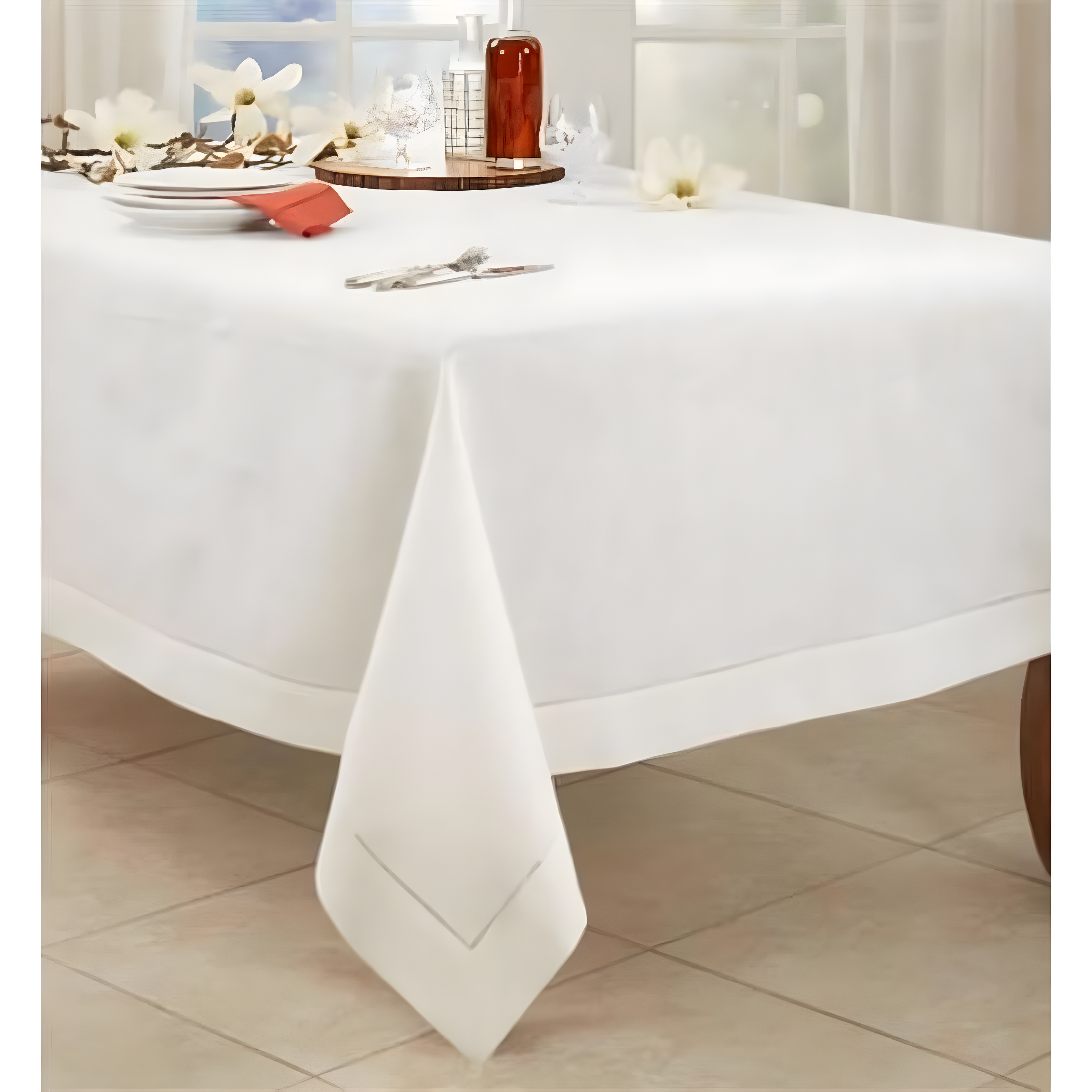 Saro Lifestyle Classic Hemstitch Border Tablecloth, Ivory, 70" x 104"