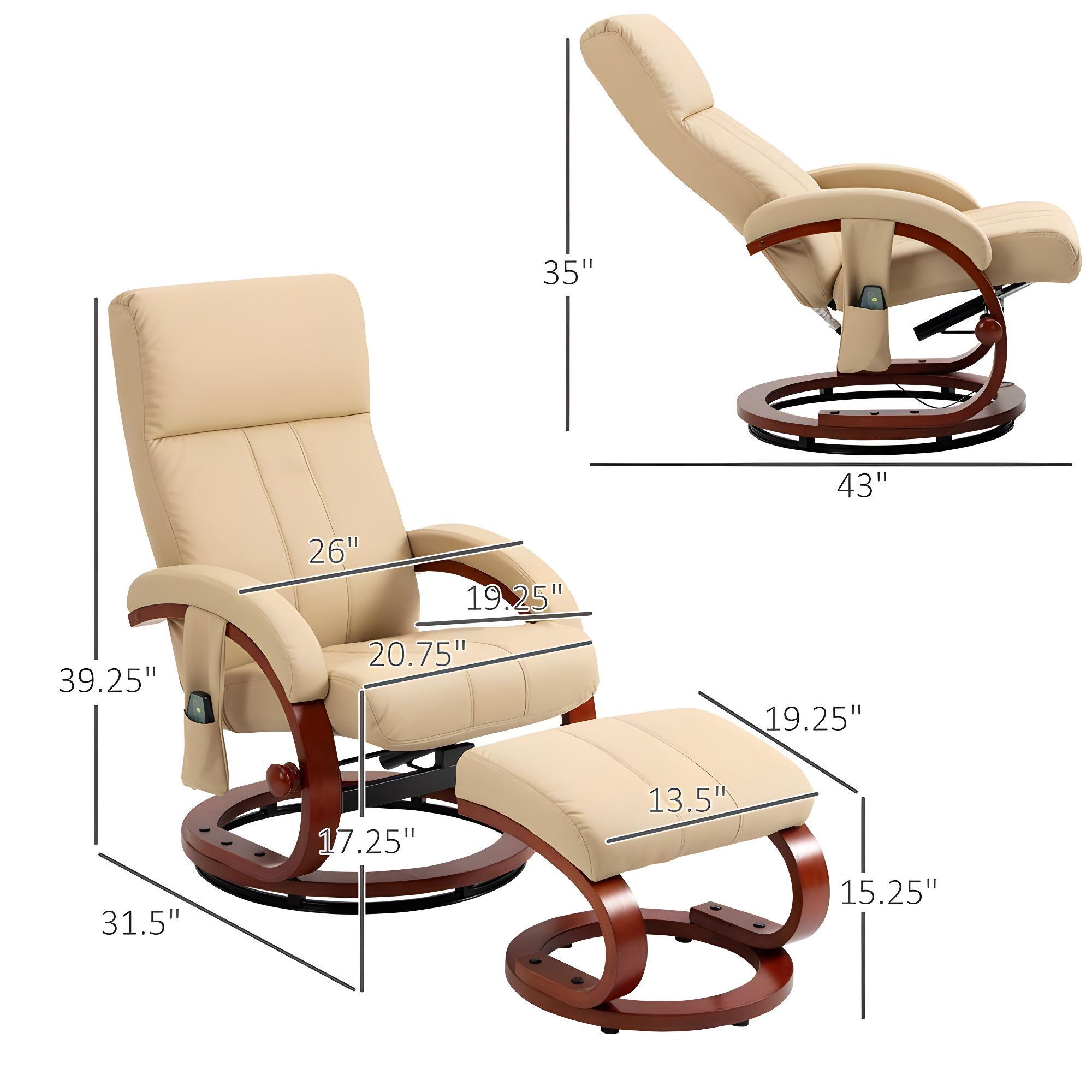 HOMCOM Recliner Chair with Ottoman, Electric Faux Leather Swivel Reclining Chair with 10 Vibration Points, 5 Massage Mode, Remote Control, Beige