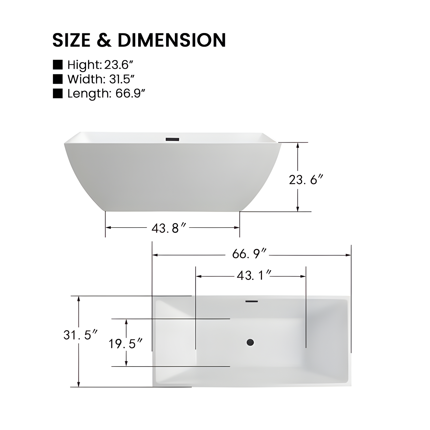 66.9" x 33" Freestanding Soaking Bathtub