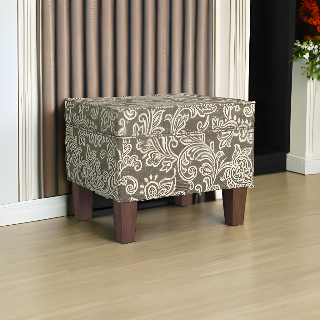 HomePop Medium Storage Ottoman Brown : Upholstered Footstool, Floral Pattern, Hardwood Frame