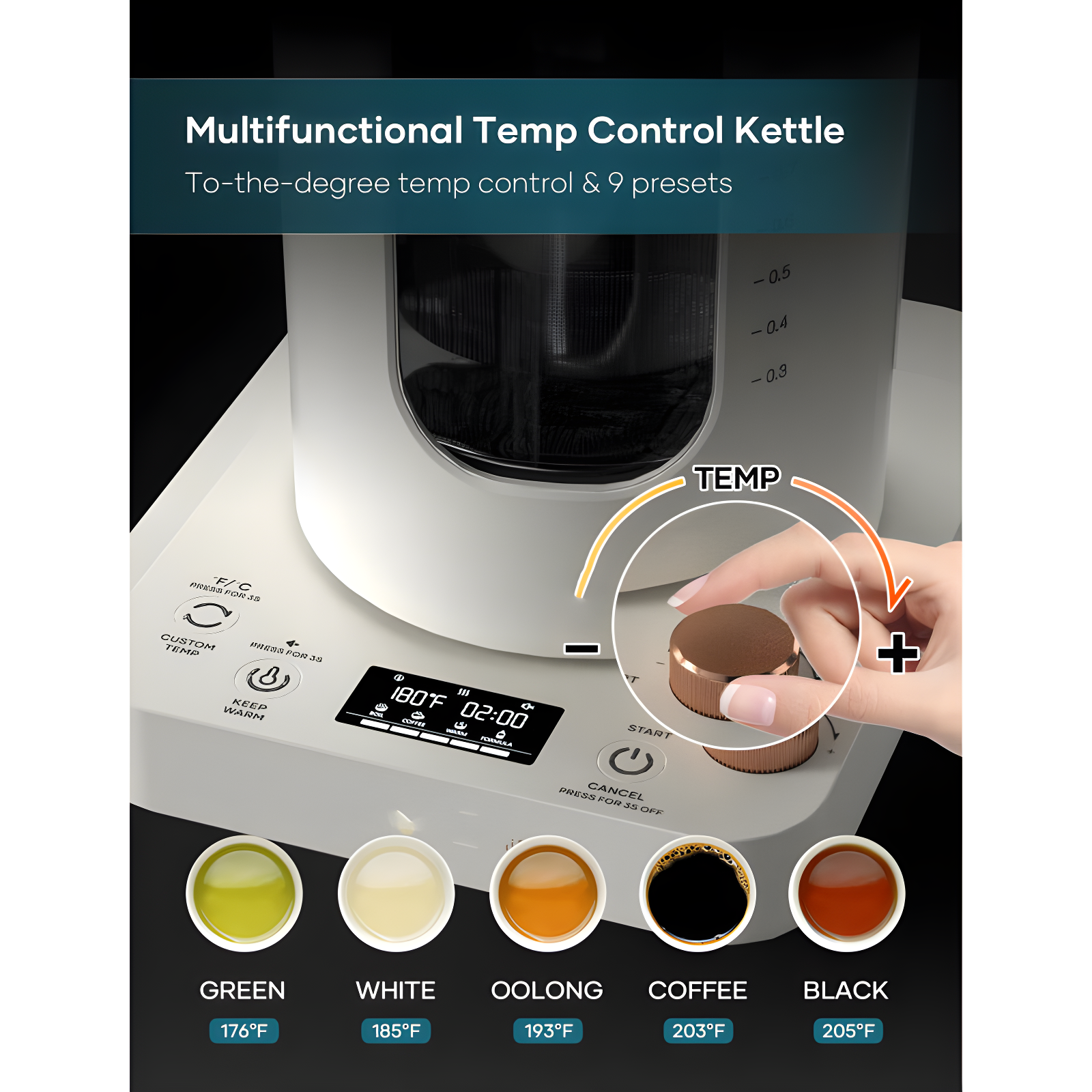 QUALITY FLOORING INC. Electric Tea Kettle, Glass Electric Kettle With Tea Infuser And Precise Knob Temperature Control, 1200W Fast Heating, BPA-Free, Easy To Clean, For Tea And Coffee
