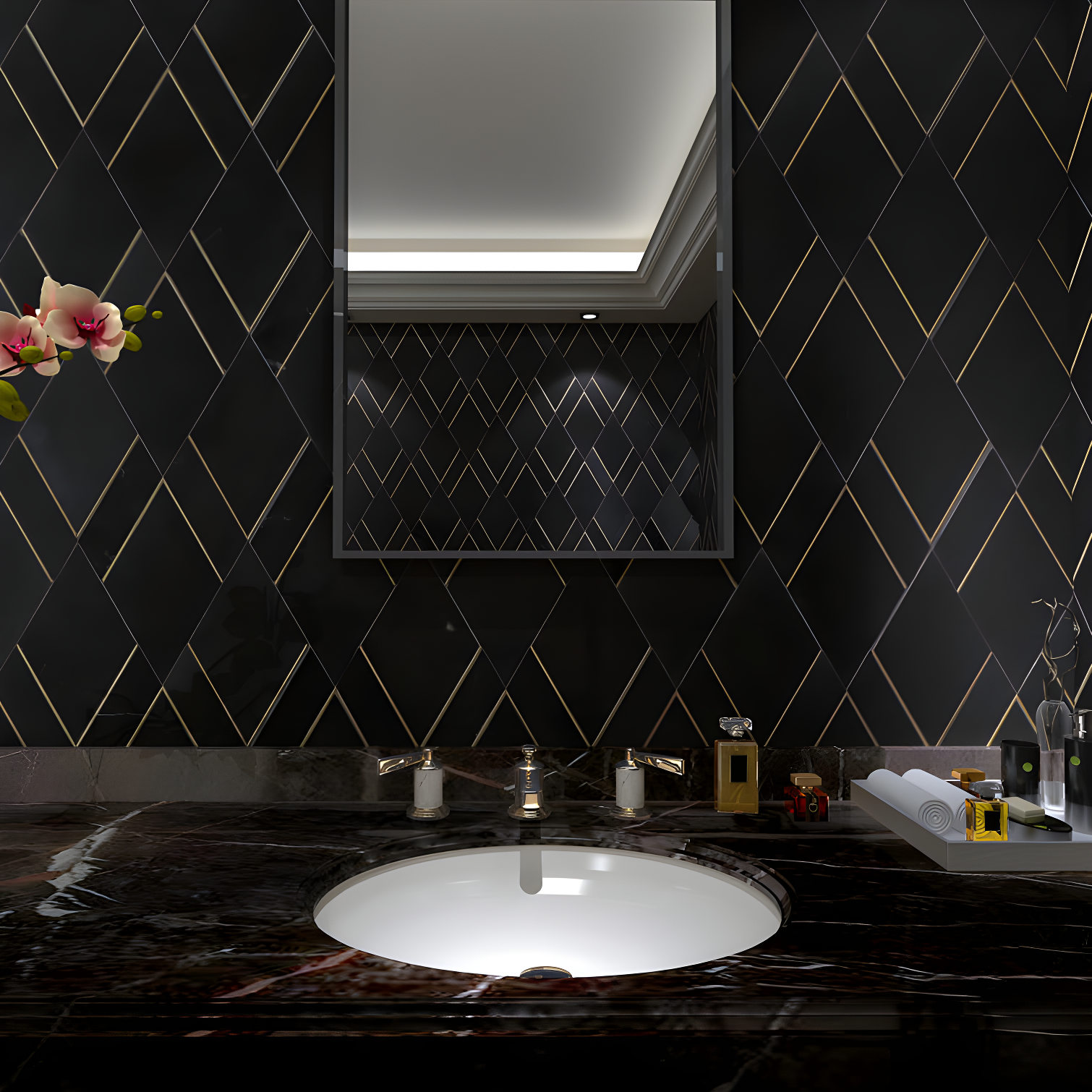 Mehko 11.81 in. x 14.96 in. Polished Marble and Brass Wall Tile