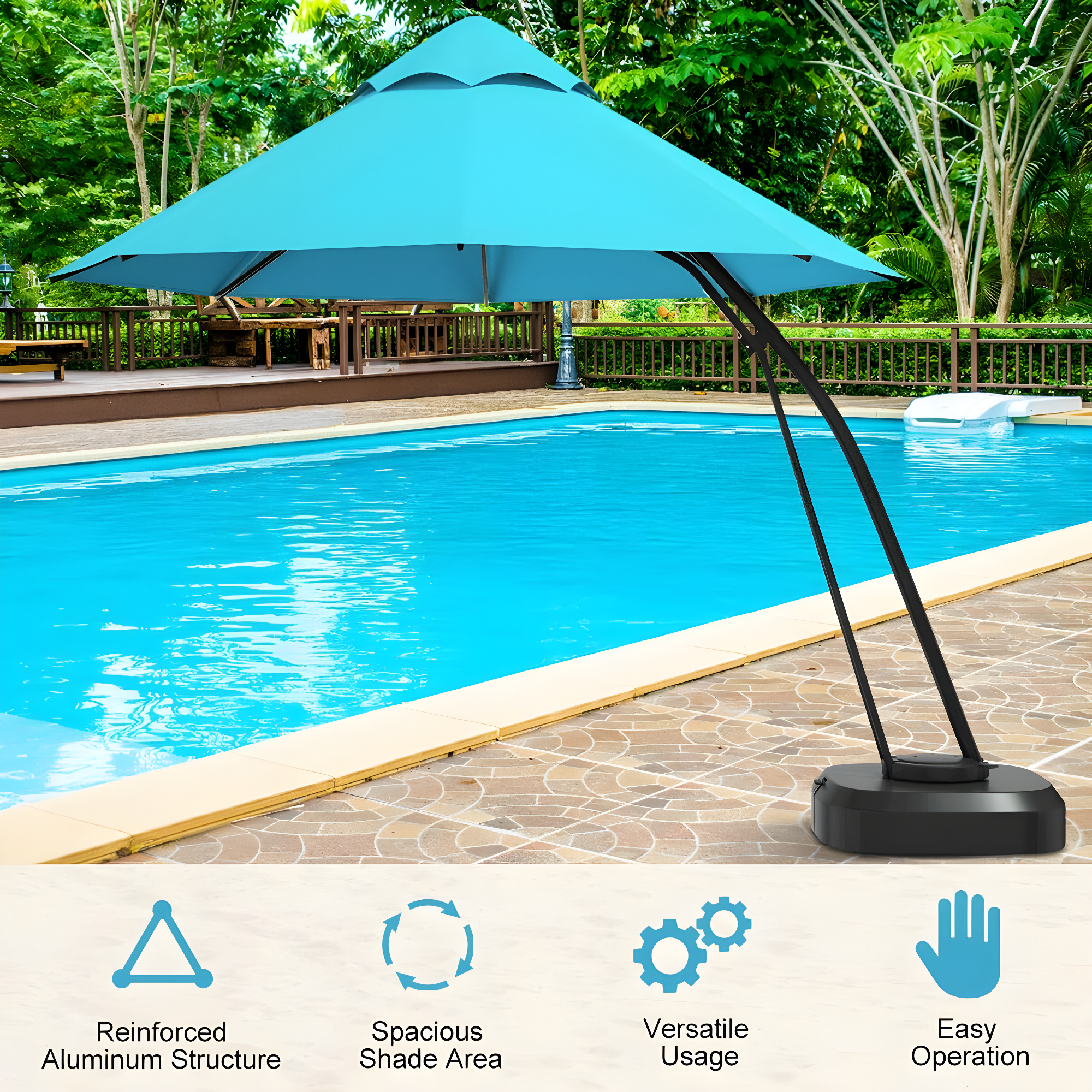 Spaco 11 Feet Outdoor Cantilever Hanging Umbrella with Base and Wheels-Turquoise, Patio Offset Umbrella with Easy Tilt Adjustment, Outdoor Cantilever Hanging Umbrella