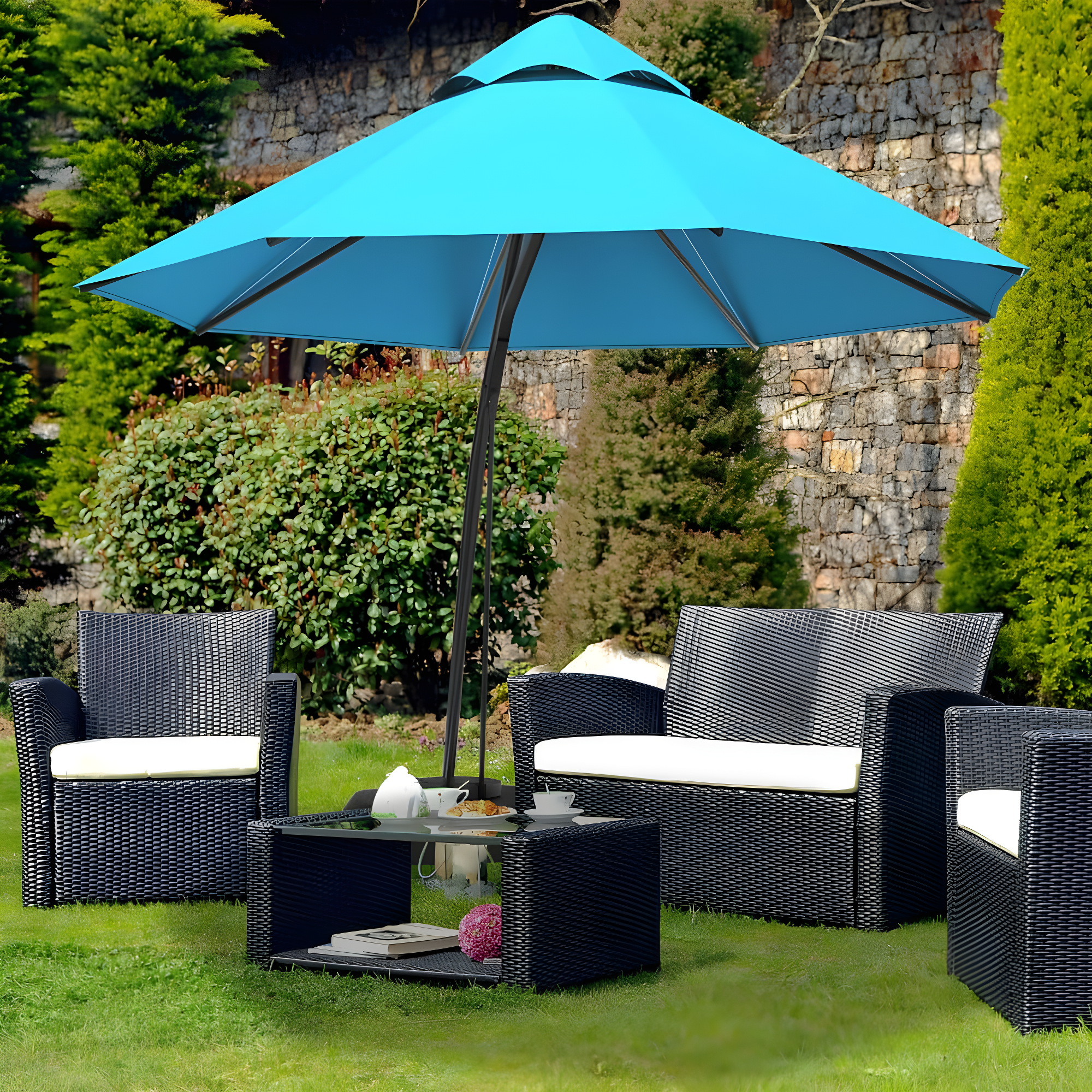 Spaco 11 Feet Outdoor Cantilever Hanging Umbrella with Base and Wheels-Turquoise, Patio Offset Umbrella with Easy Tilt Adjustment, Outdoor Cantilever Hanging Umbrella