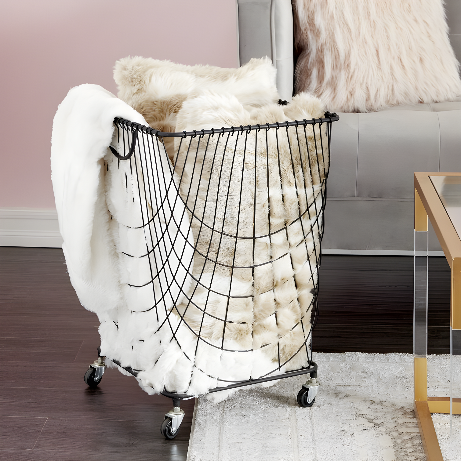 Metal Deep Set Metal Mesh Laundry Basket Storage Cart with Wheels and Handles