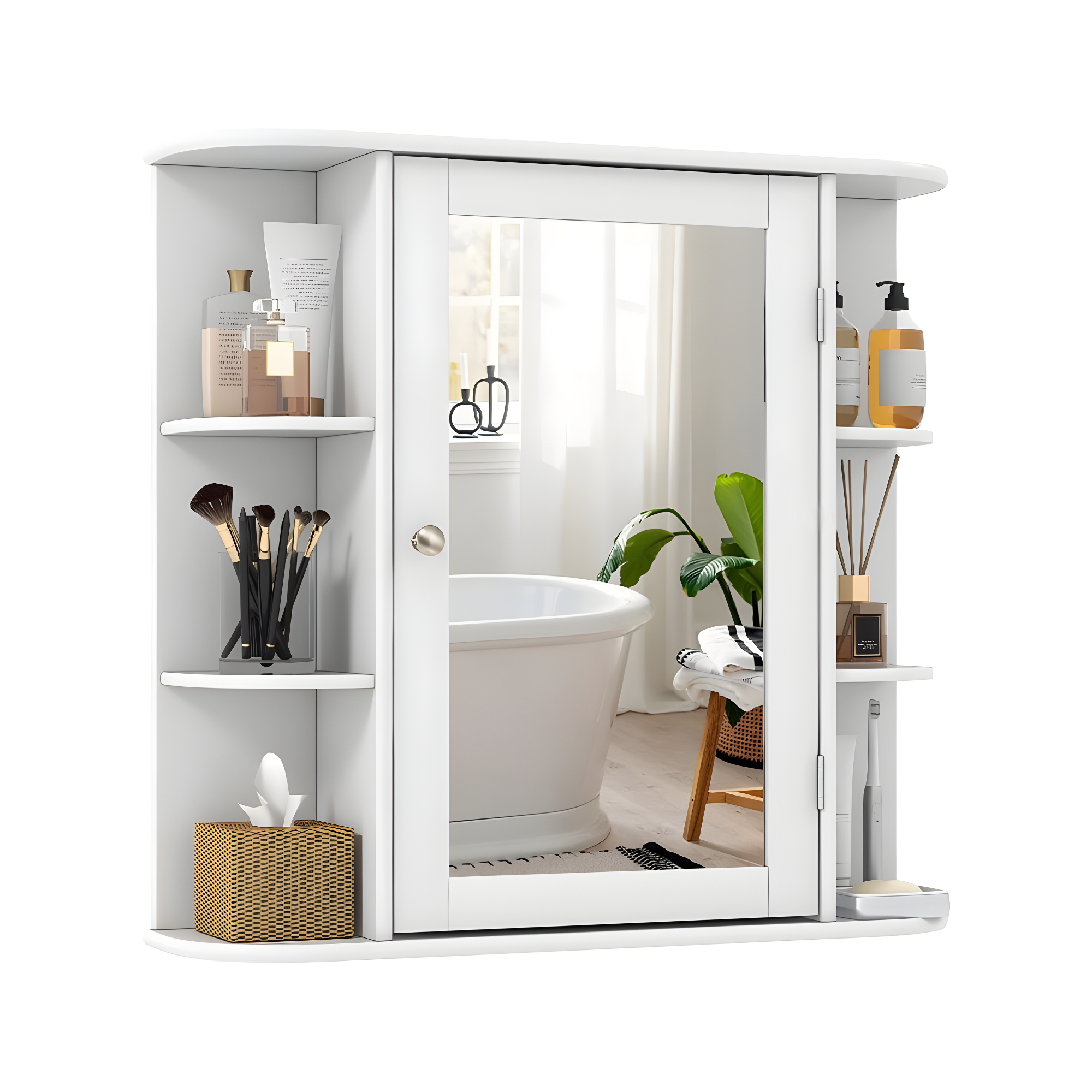 Wall Mounted Cabinet, Wood Hanging Cabinet with Doors and 6 Open Shelves for Placing Towels, Bathroom Wall Mirror Cabinet, White