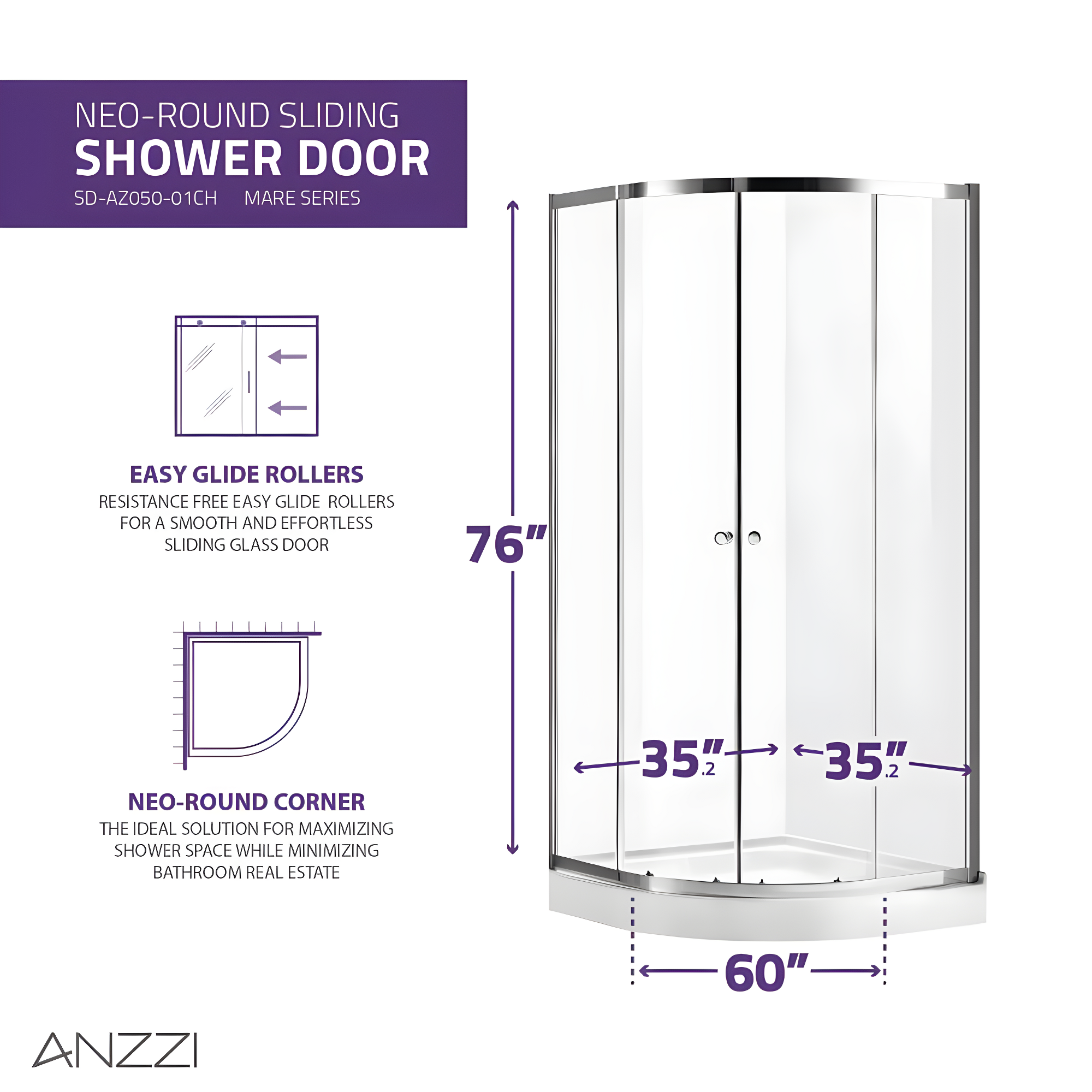 ANZZI Mare Series 35.2'' W 76'' H Framed Round Reversible Shower Enclosure SD-AZ050-01CH