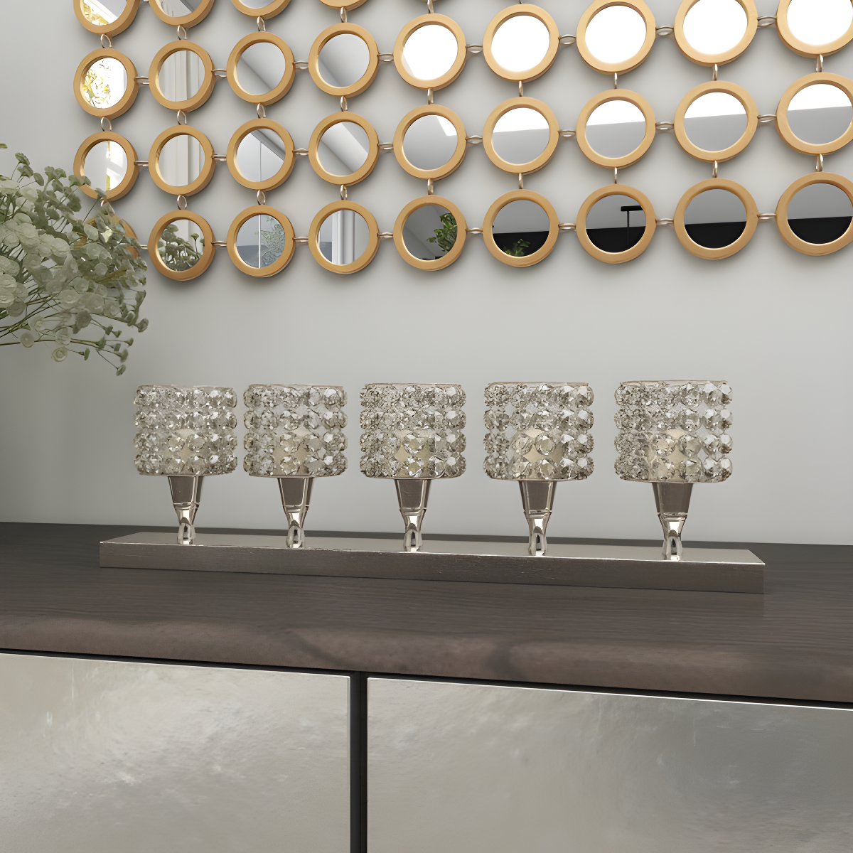 House of Hampton® Aluminum Metal Pillar 5 Crystal Sleeve Decorative Silver Candelabra