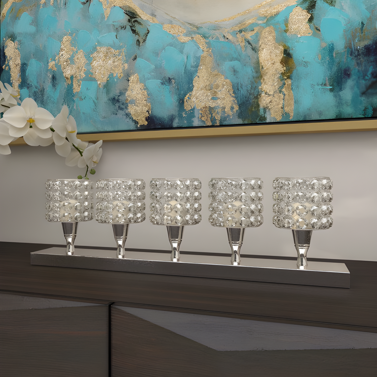 House of Hampton® Aluminum Metal Pillar 5 Crystal Sleeve Decorative Silver Candelabra