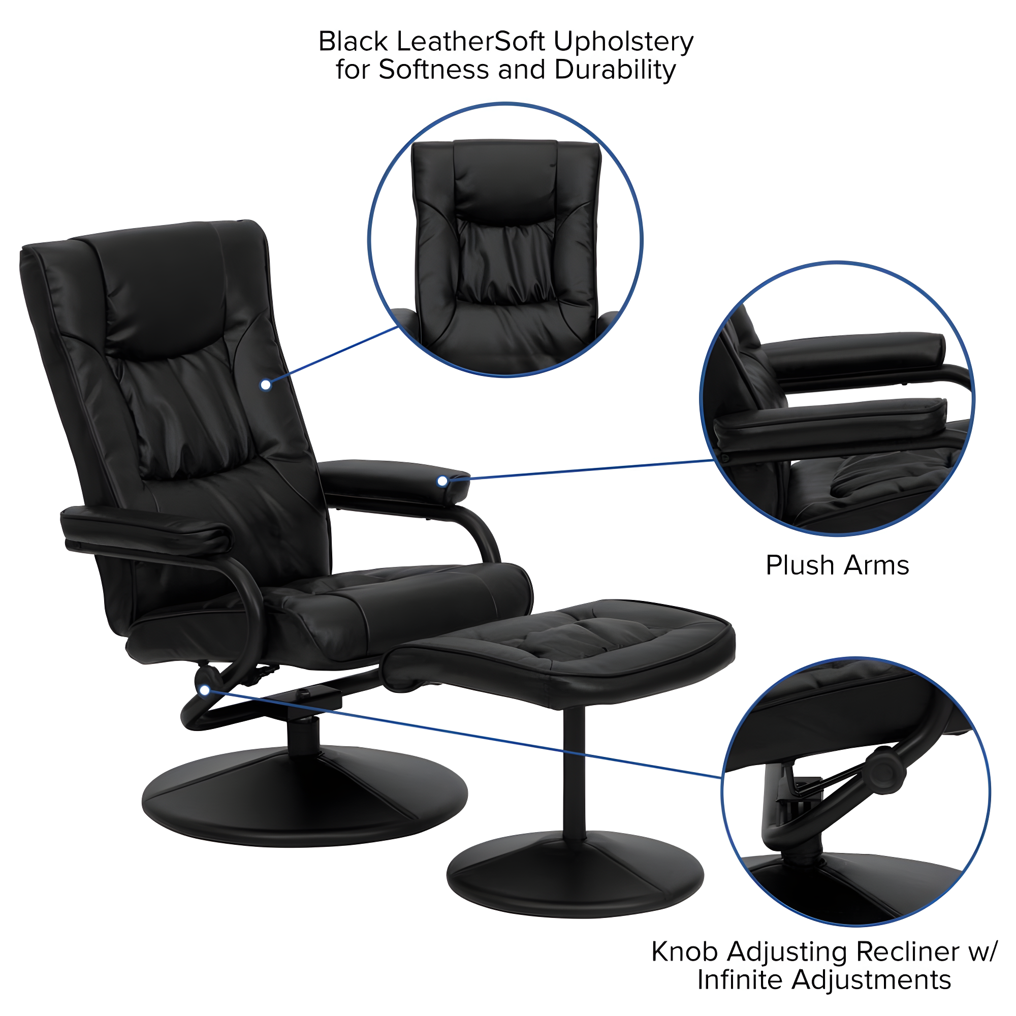 Flash Furniture Rachel Contemporary Multi-Position LeatherSoft Recliner Chair with Ottoman, Black