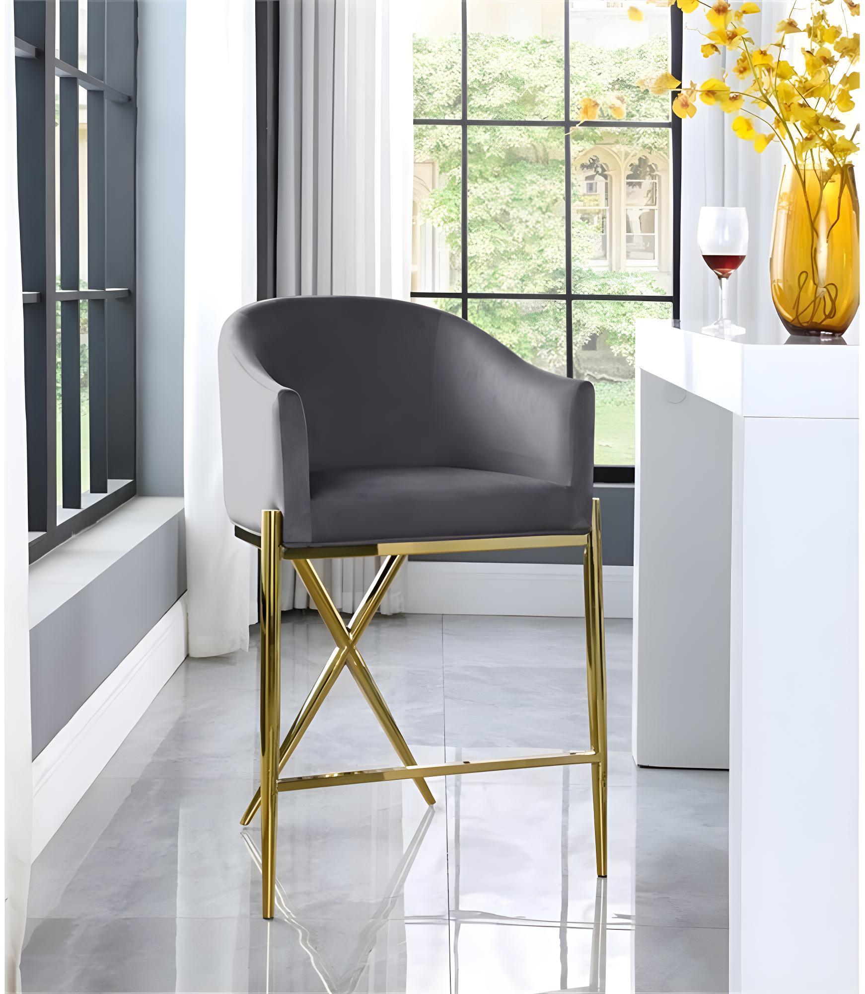 Meridian Furniture Xavier Gray Velvet Counter Stool with Gold Metal Legs