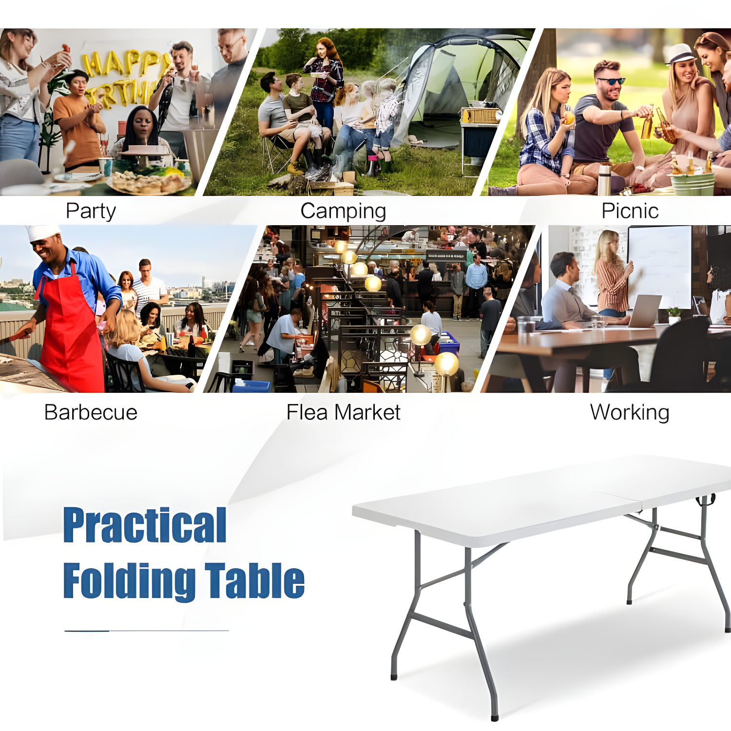 BestMassage Portable Plastic Picnic Table 8FT Outdoor Dining Table with Carrying Handle, White
