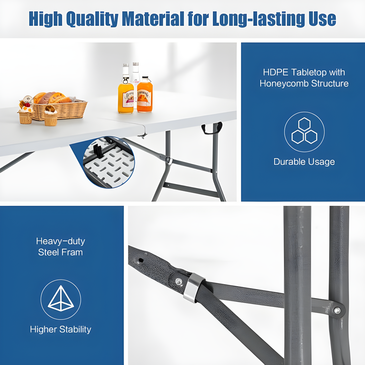 BestMassage Portable Plastic Picnic Table 8FT Outdoor Dining Table with Carrying Handle, White