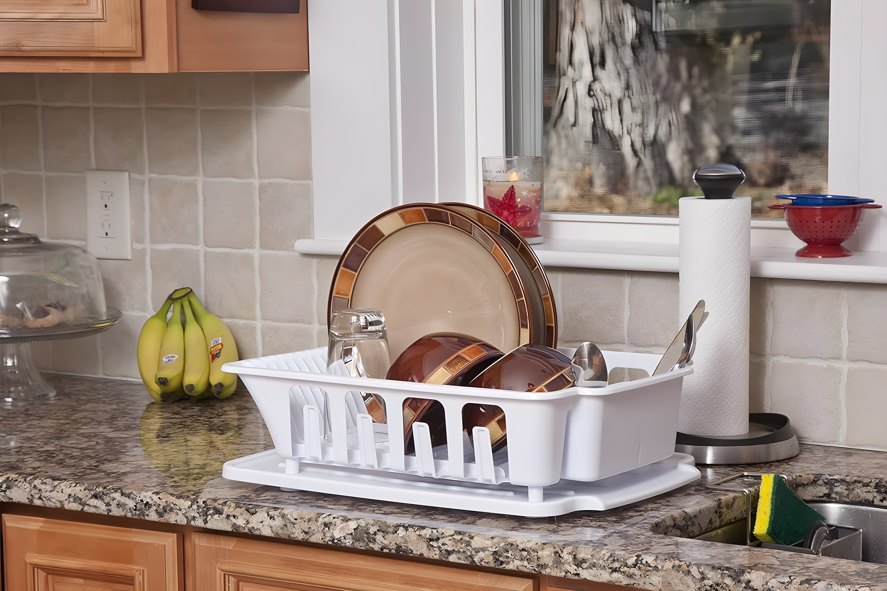 Sterilite Large 2 Piece Sink Set, Dish Drainer and Drainboard for Plates, Cups, and Flatware, White, 6 Count