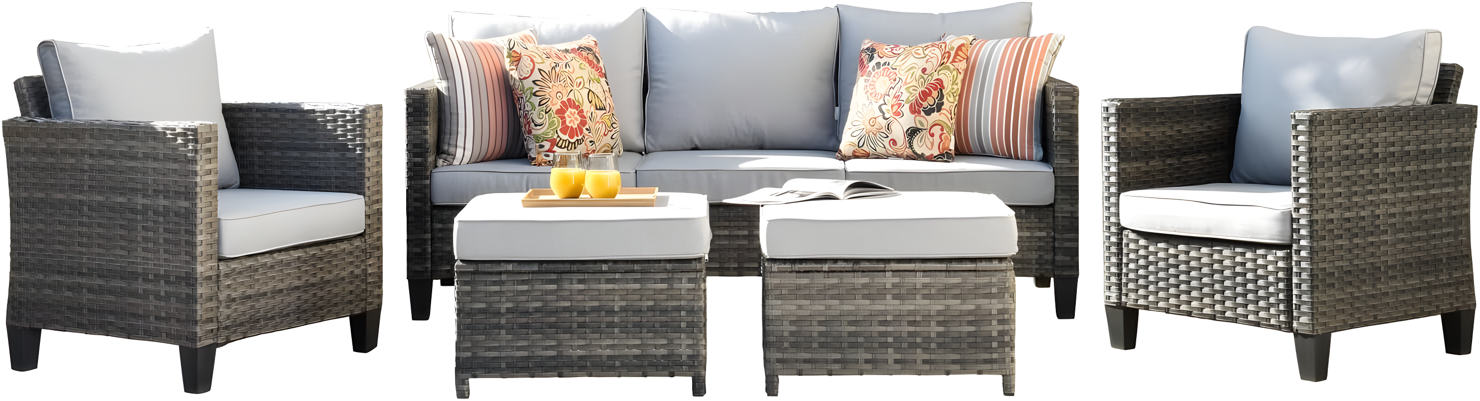 Ovios 5 Pieces Outdoor Patio Furniture Set Wicker Rattan Outdoor Conversation Comfortable Sectional Sofa with Steel Frame, Grey