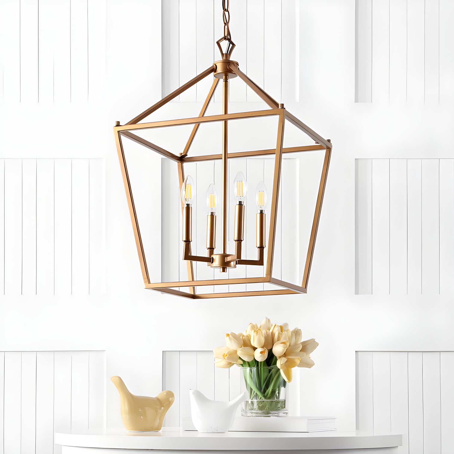 Pagoda 16" 4-Bulb Lantern Metal LED Pendant, Antique Gold