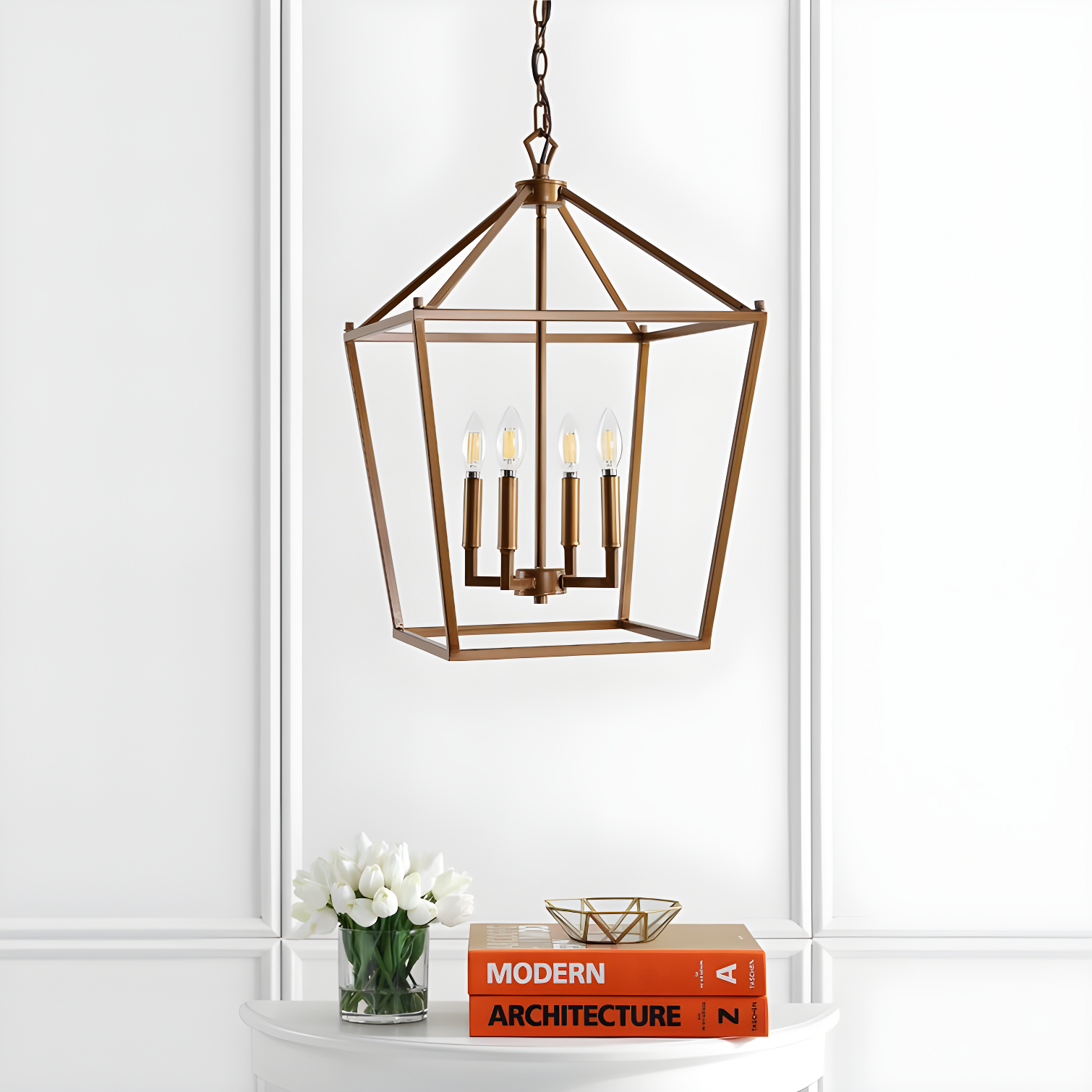 Pagoda 16" 4-Bulb Lantern Metal LED Pendant, Antique Gold