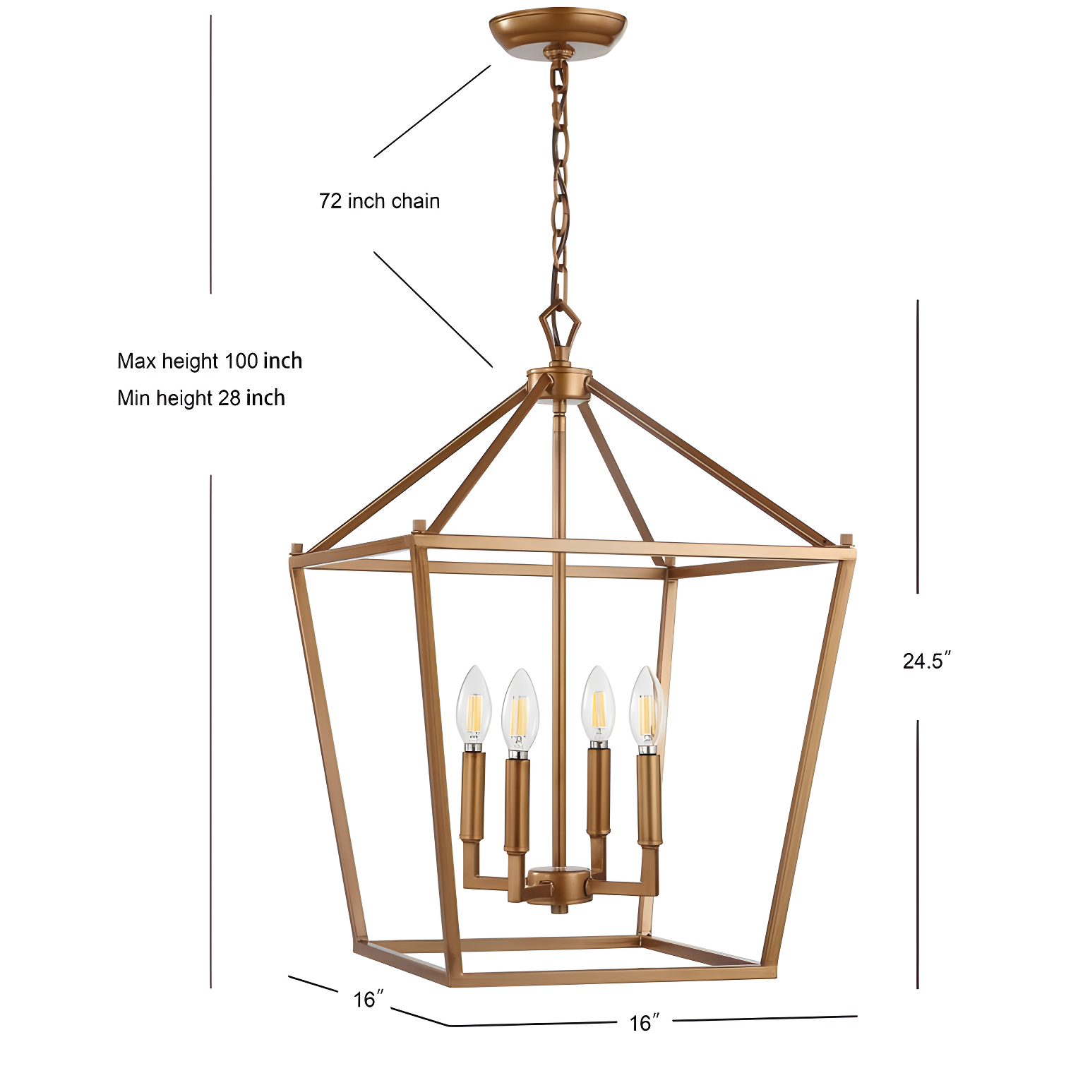 Pagoda 16" 4-Bulb Lantern Metal LED Pendant, Antique Gold