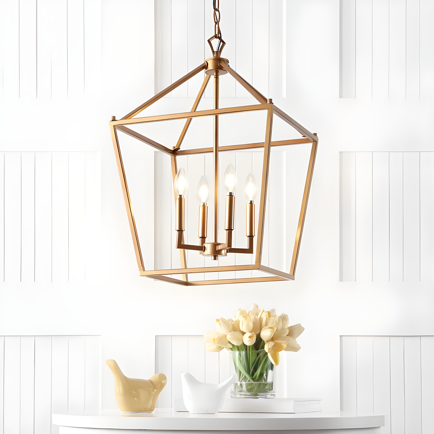 Pagoda 16" 4-Bulb Lantern Metal LED Pendant, Antique Gold