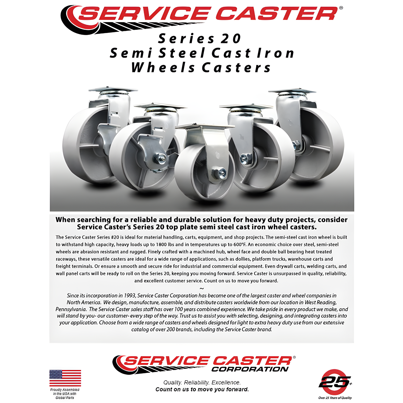 Service Caster Tool Box Caster Wheel Set – 4 Inch Semi Steel Cast Iron Swivel Casters – SCC