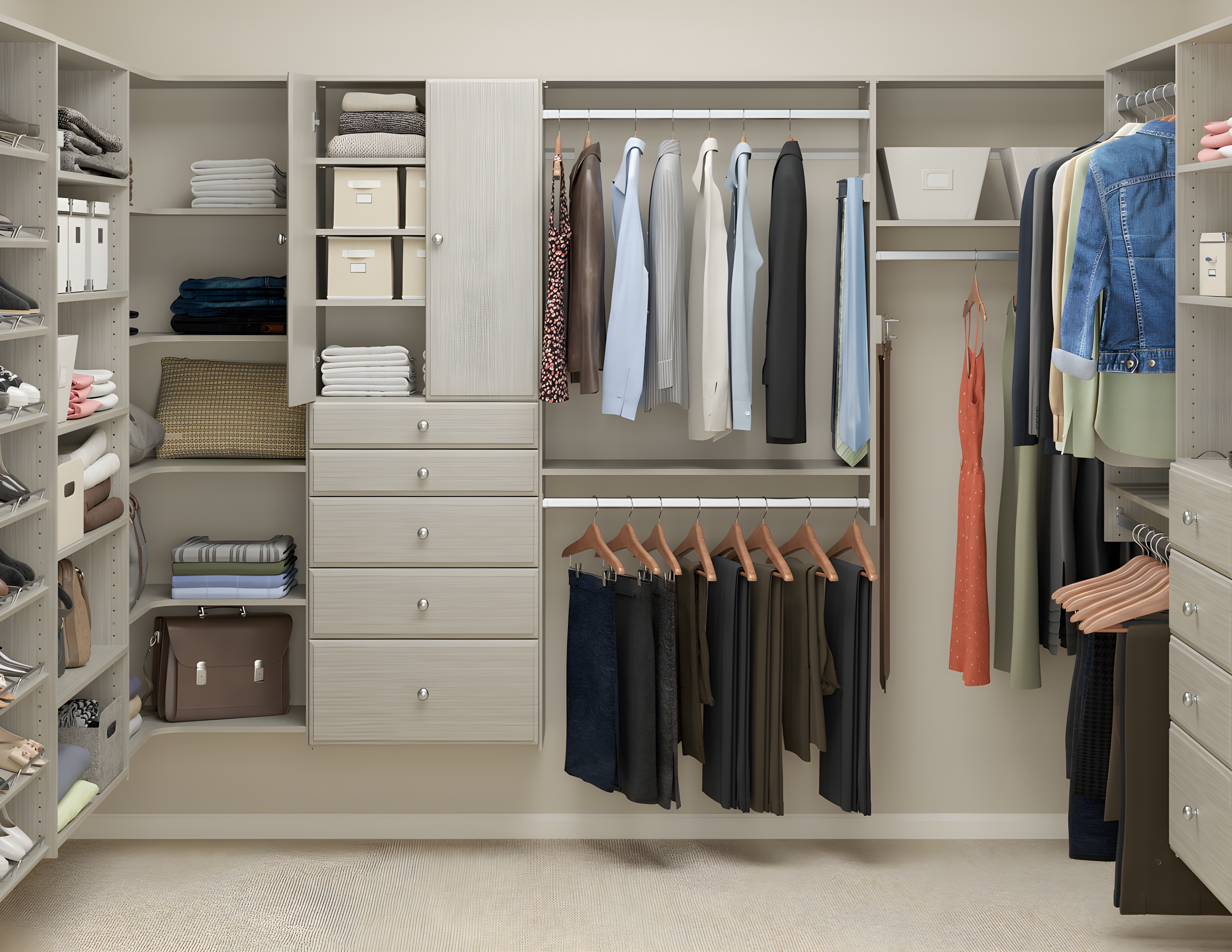 Easy Track Wood Laminate Deluxe Closet Organizer with Shelves and Drawers, Grey