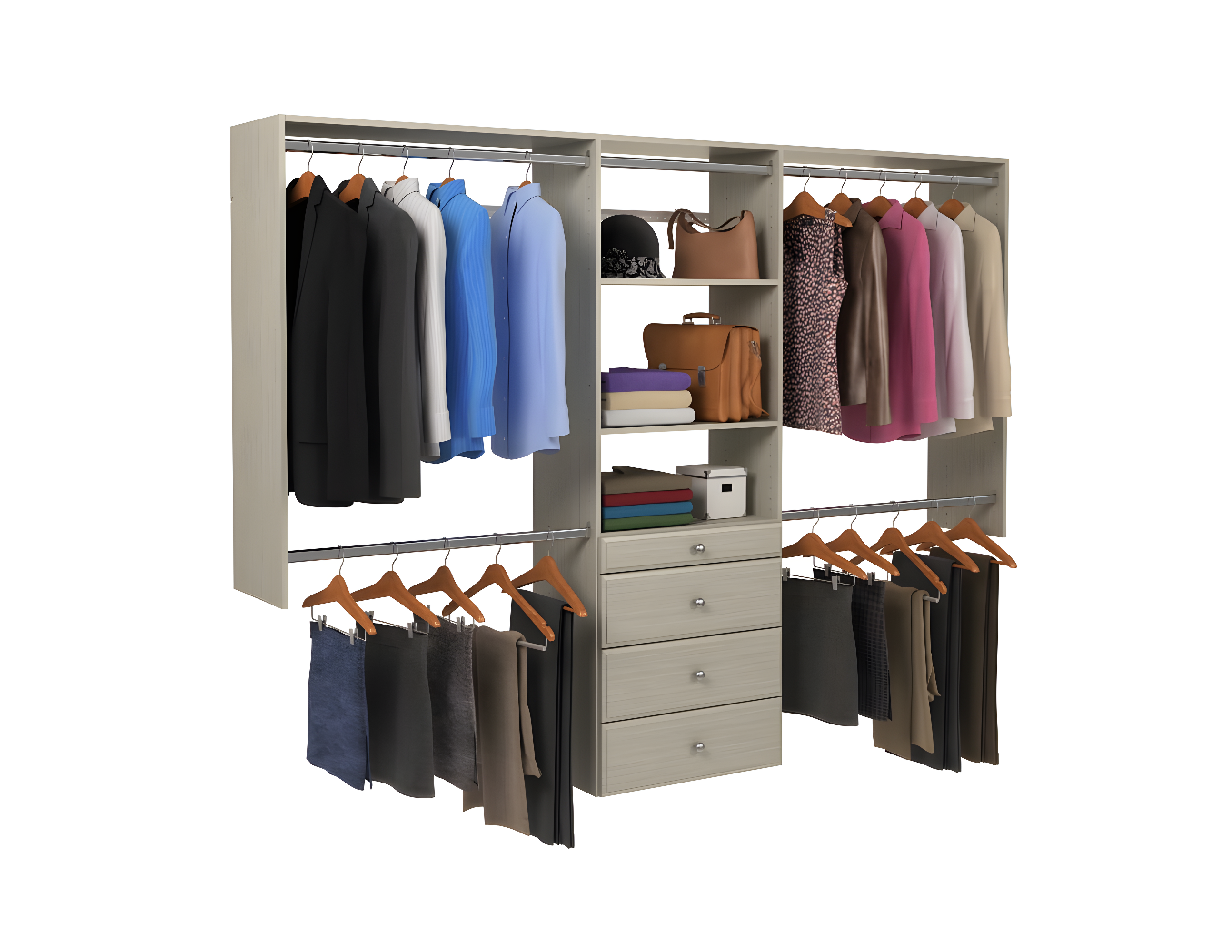 Easy Track Wood Laminate Deluxe Closet Organizer with Shelves and Drawers, Grey