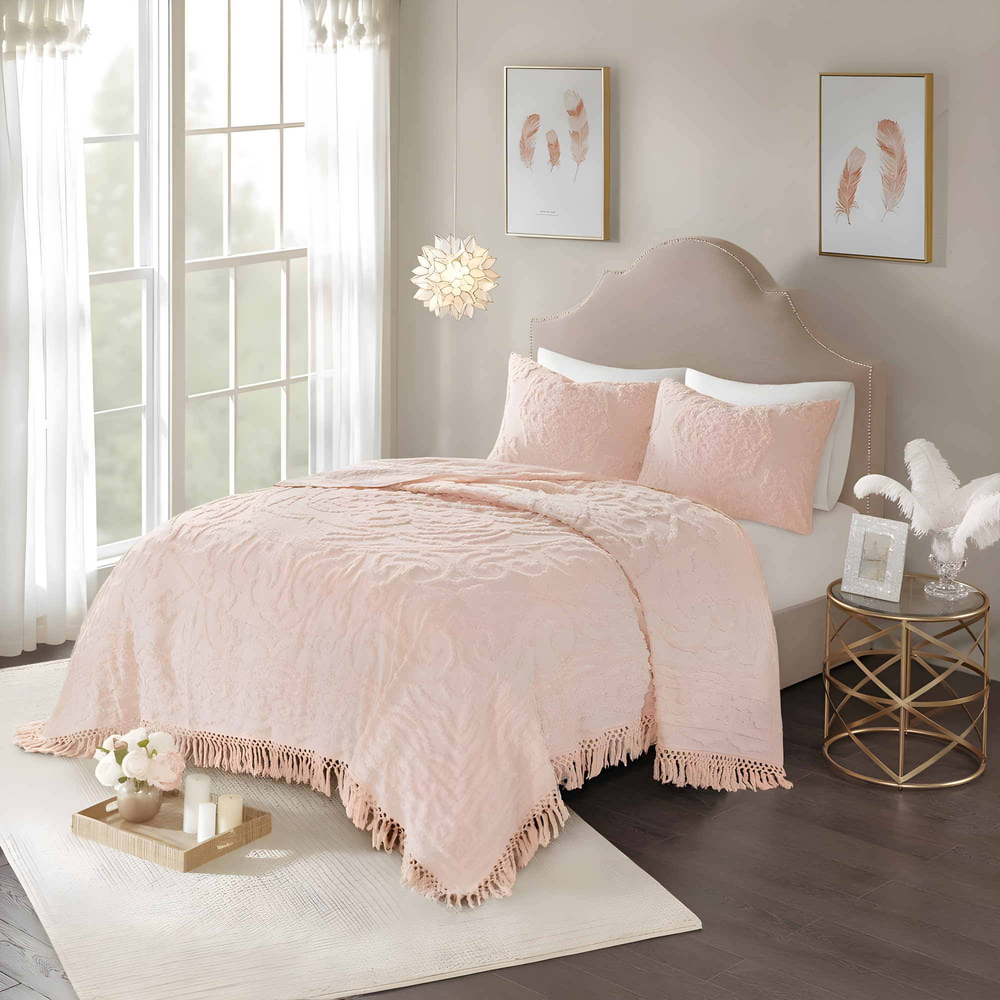 Laetitia Tufted Chenille Cotton Medallion Fringe Coverlet Set