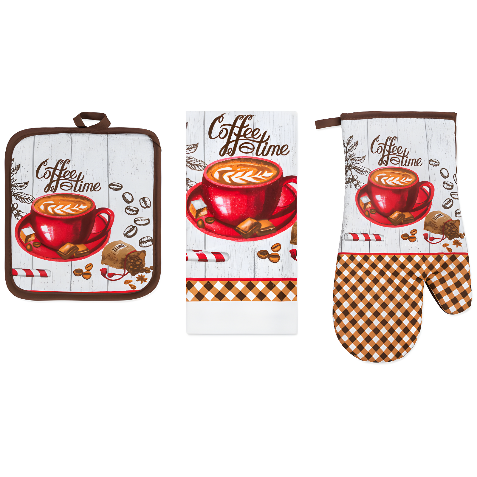 Premius PREMIUS 3 Piece Printed Kitchen Linen Set, Coffee Time, 1 Cotton Towel, 1 Pot Holder, 1 Oven Mitt