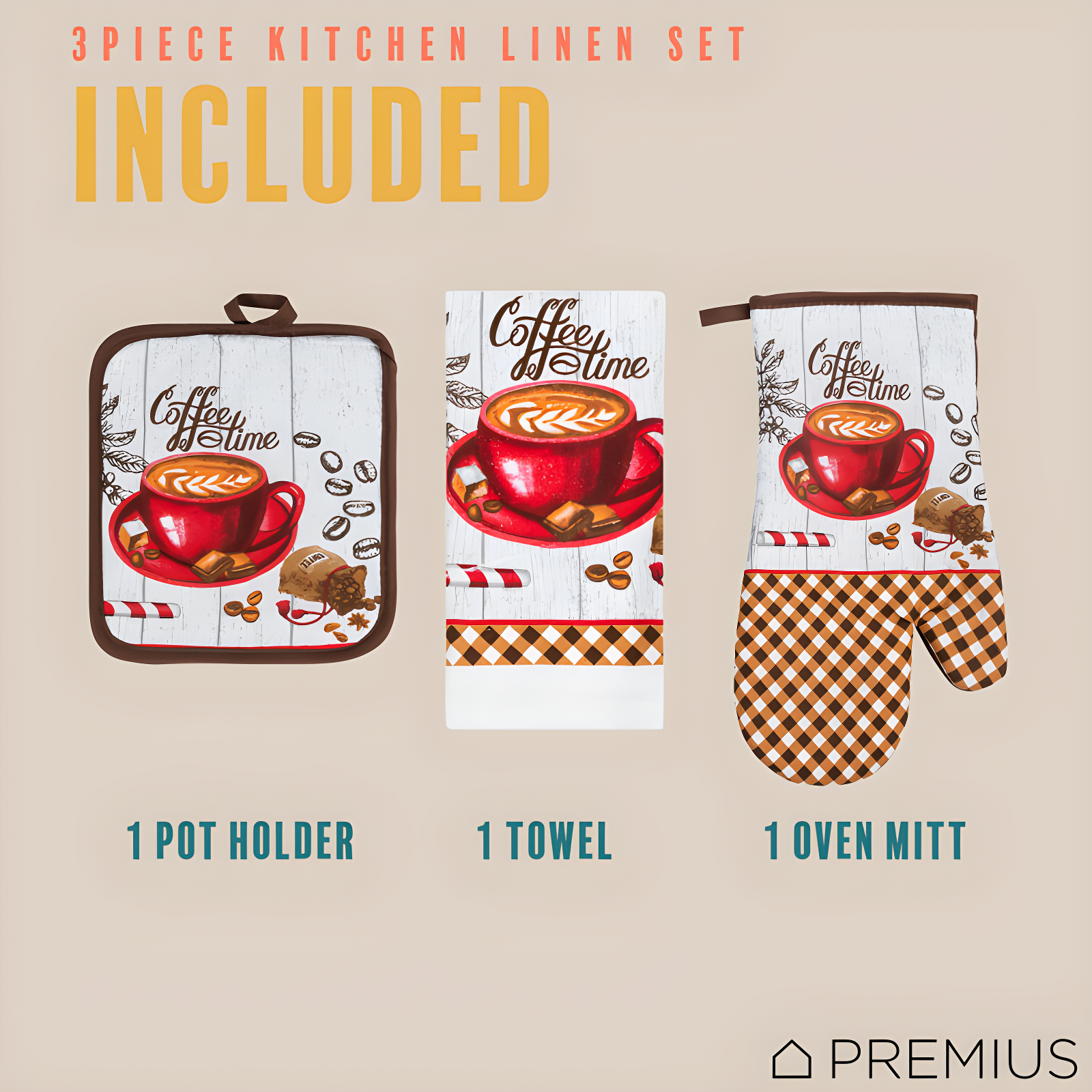 Premius PREMIUS 3 Piece Printed Kitchen Linen Set, Coffee Time, 1 Cotton Towel, 1 Pot Holder, 1 Oven Mitt