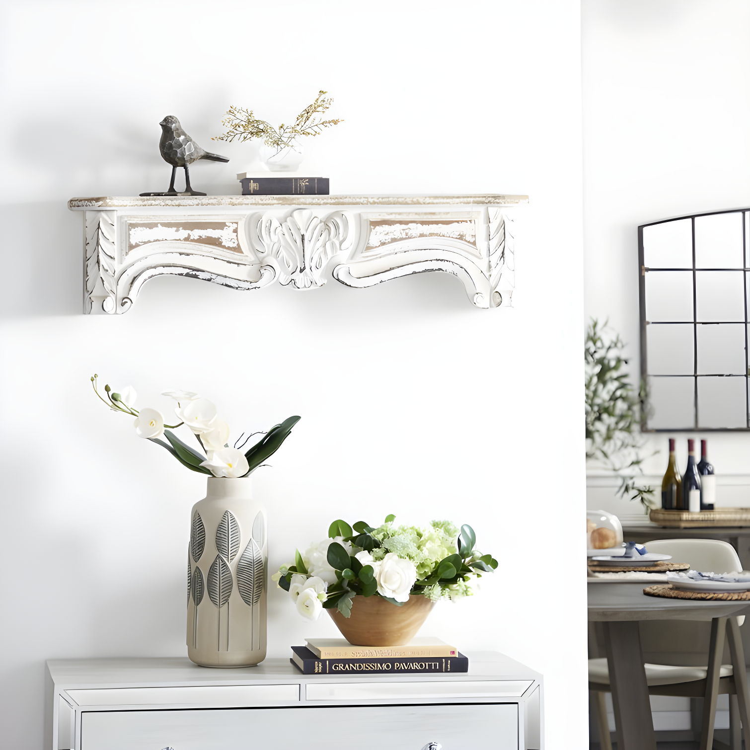 One Allium Way® Goodland White Wood 1 Shelf Scroll Wall Shelf 36" x 6" x 9"