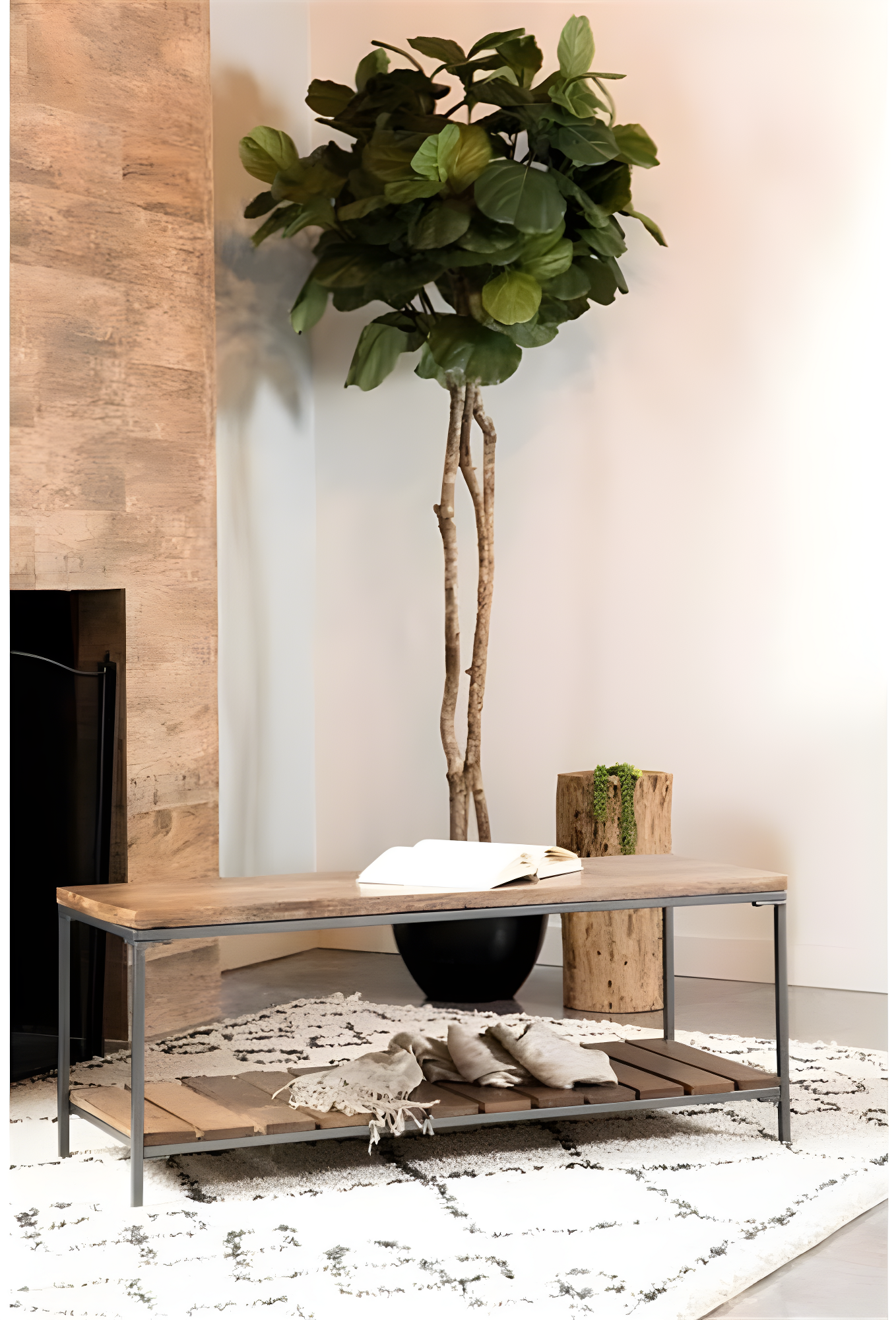 Accent Bench with Slat Shelf Natural and Gunmetal