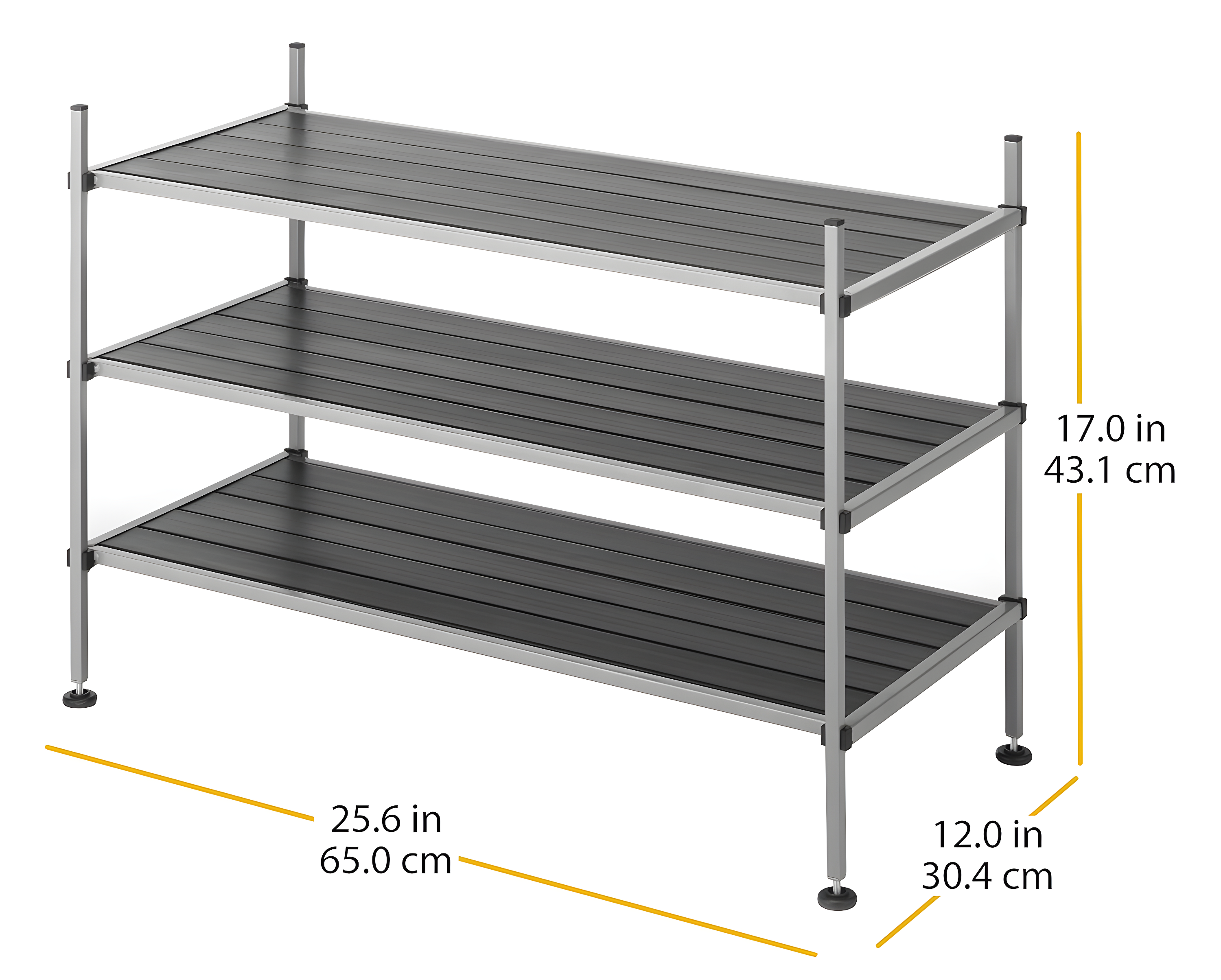 Whitmor 3-Tier Storage Shelves - Shoe Rack and Home Organizer - 12" x 25.625" x 17" - Silver Epoxy Iron Frame
