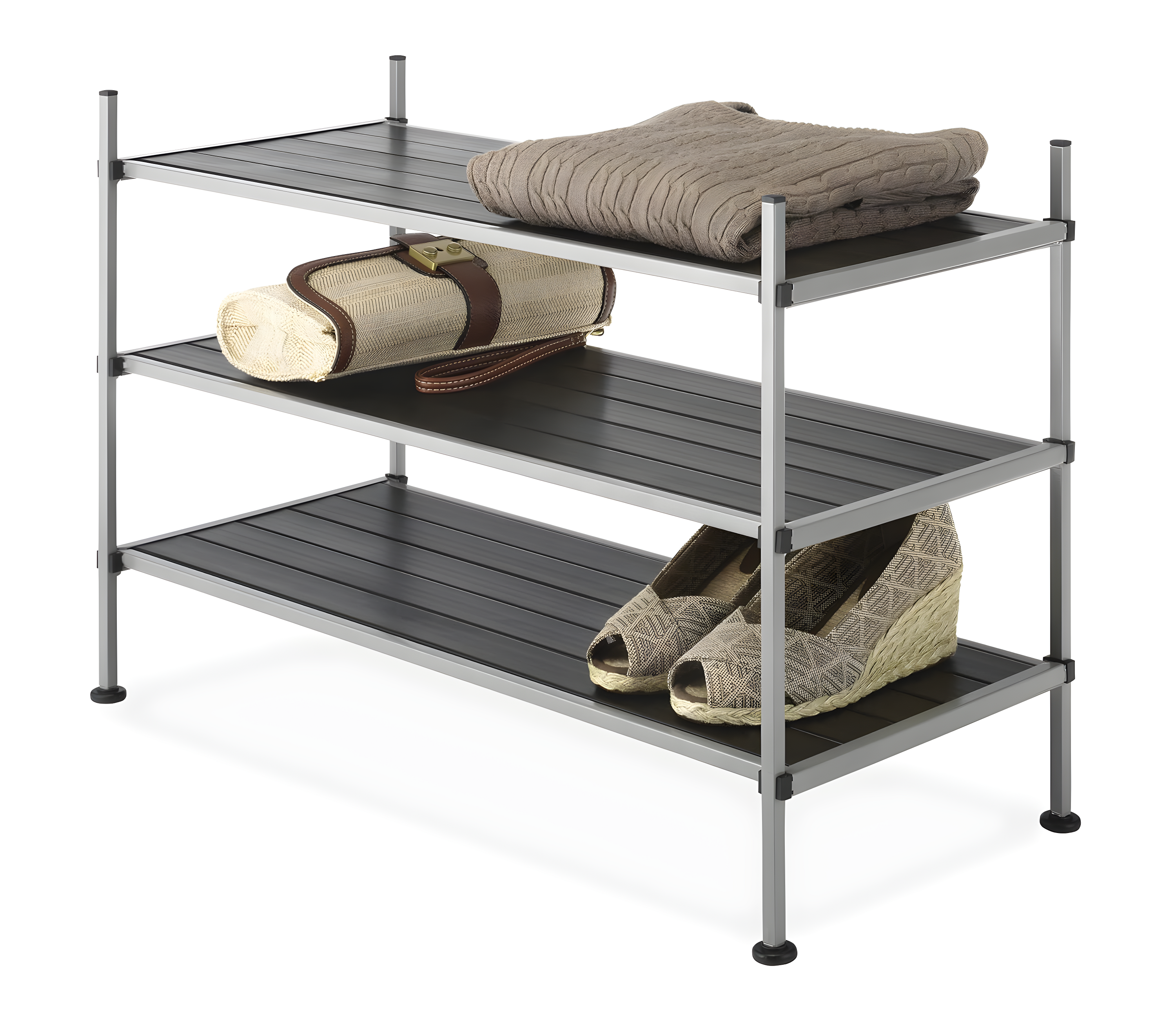 Whitmor 3-Tier Storage Shelves - Shoe Rack and Home Organizer - 12" x 25.625" x 17" - Silver Epoxy Iron Frame