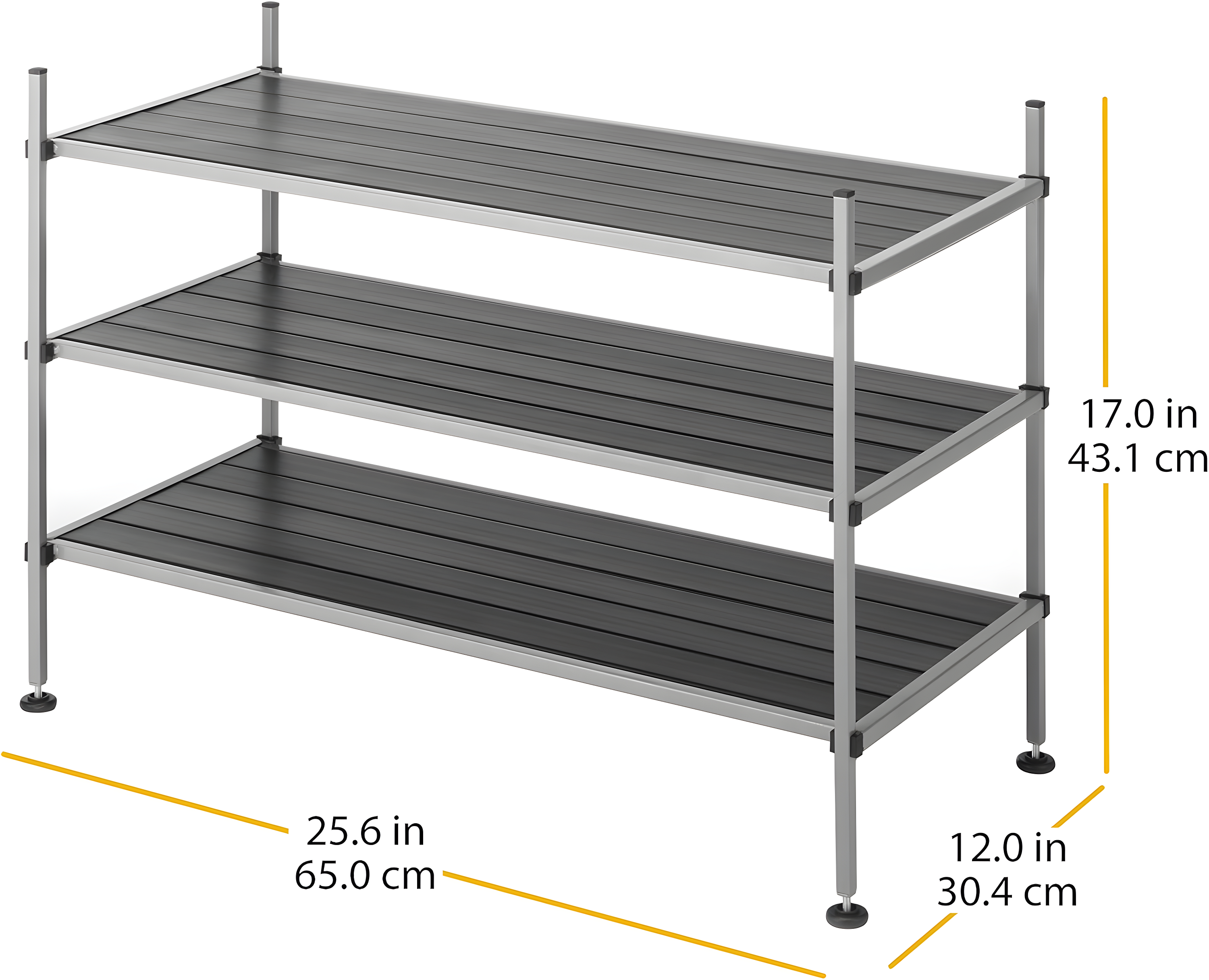 Whitmor 3-Tier Storage Shelves - Shoe Rack and Home Organizer - 12" x 25.625" x 17" - Silver Epoxy Iron Frame