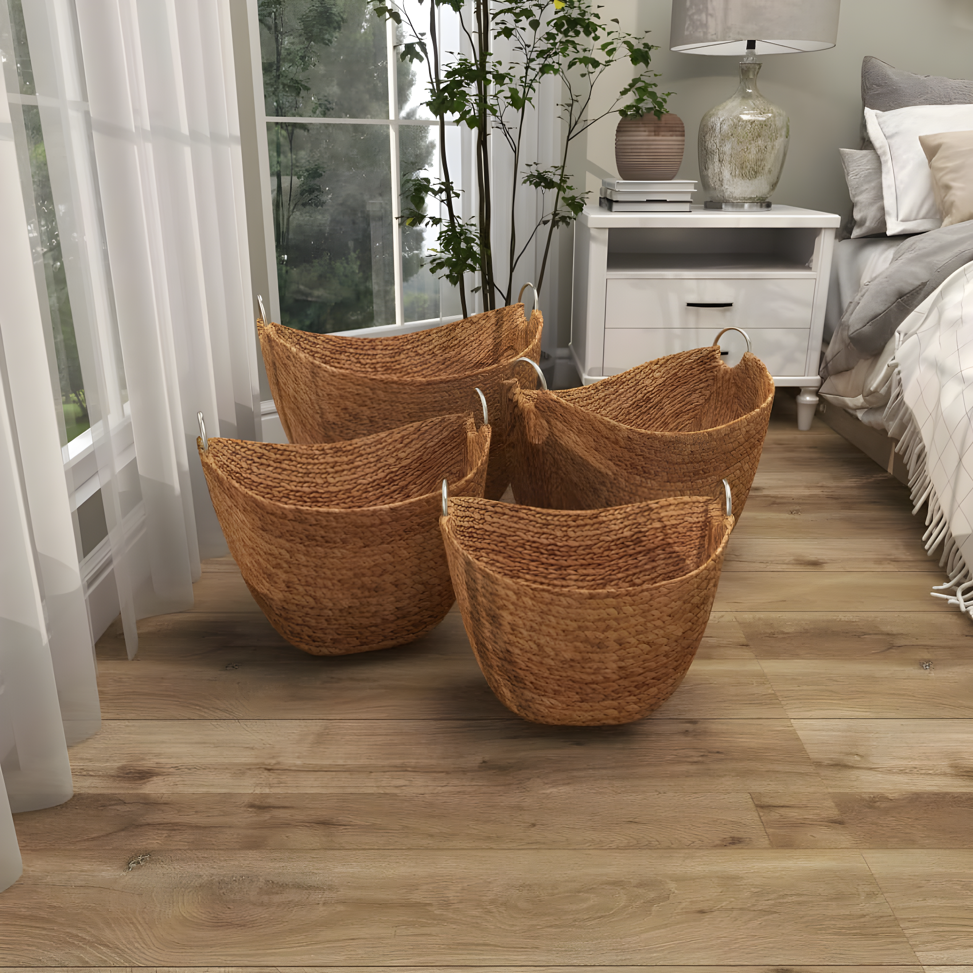 Highland Dunes 4 Piece Brown Seagrass Handmade Woven Storage Basket with Metal Handles Set