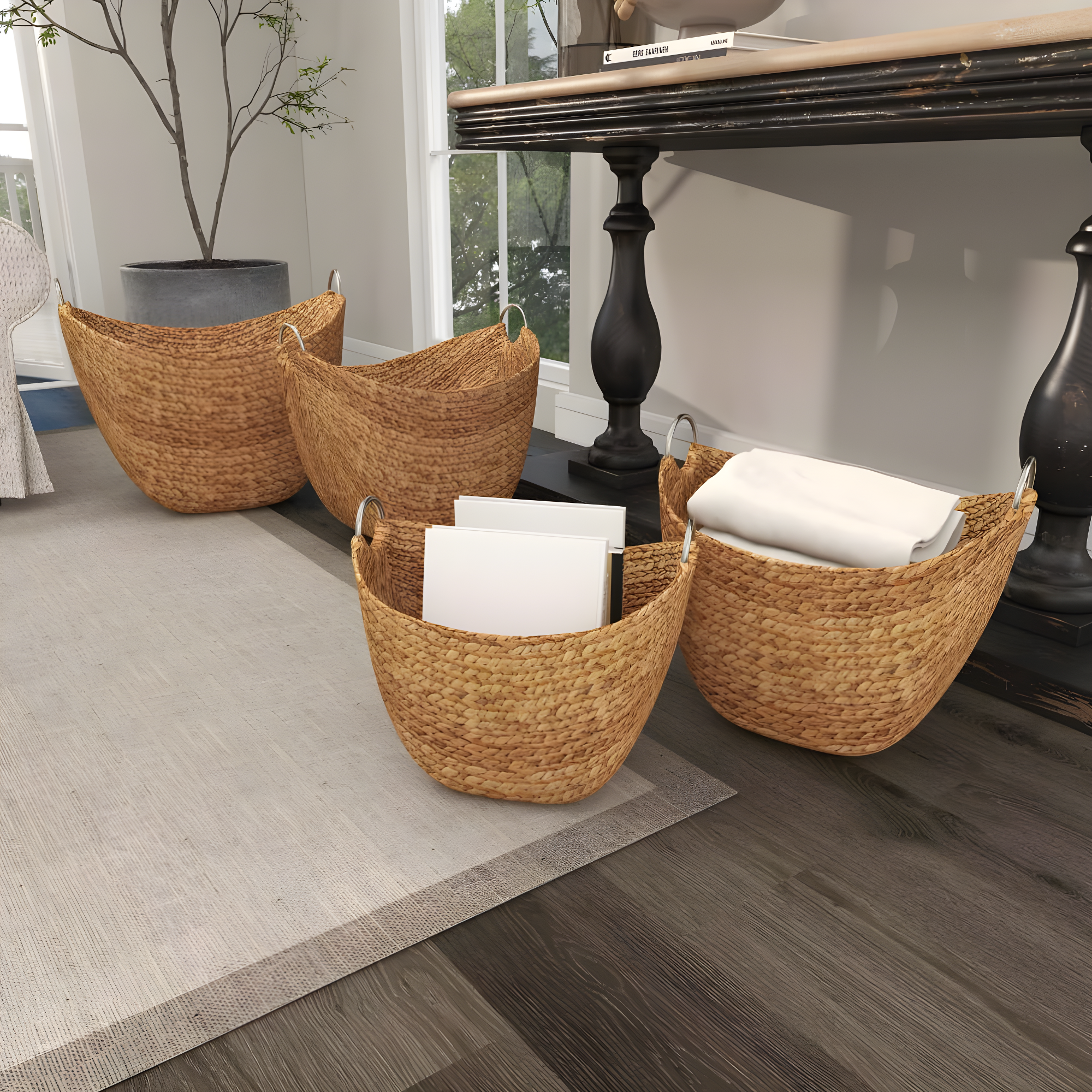 Highland Dunes 4 Piece Brown Seagrass Handmade Woven Storage Basket with Metal Handles Set