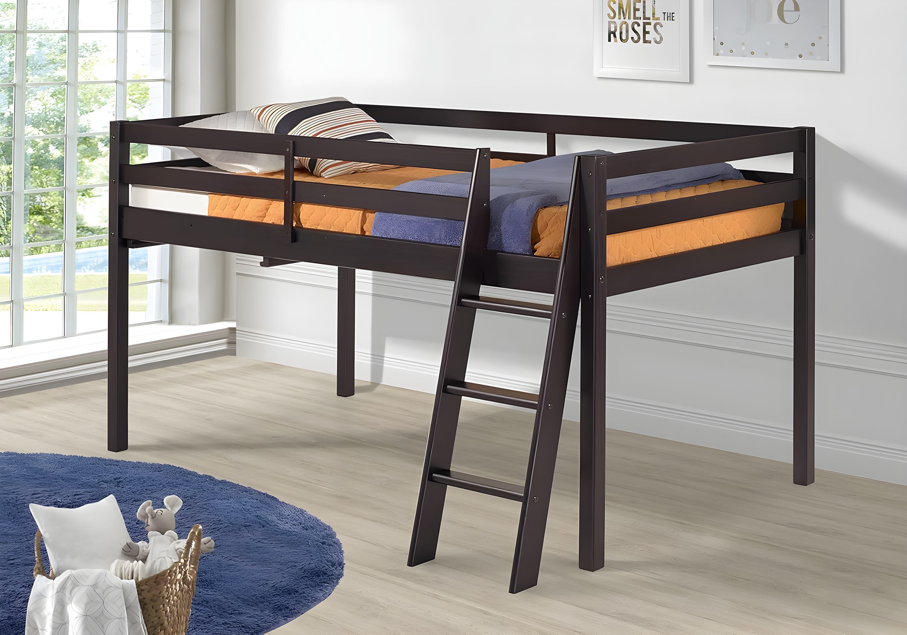 Espresso Twin Loft Bed with Ladder and Guardrails