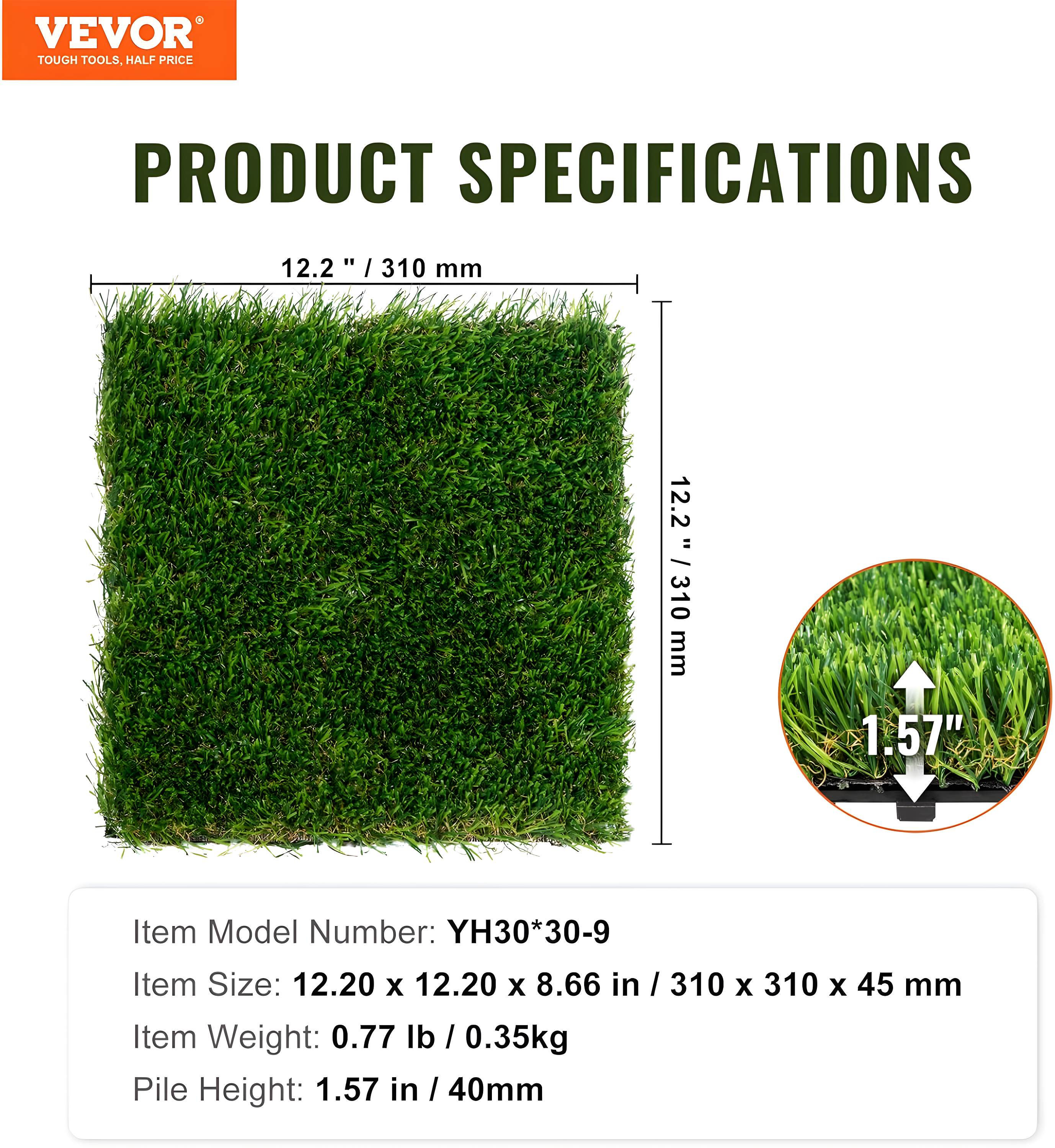 VEVOR 12" x 12" Artificial Grass Turf Panels (Set of 9)